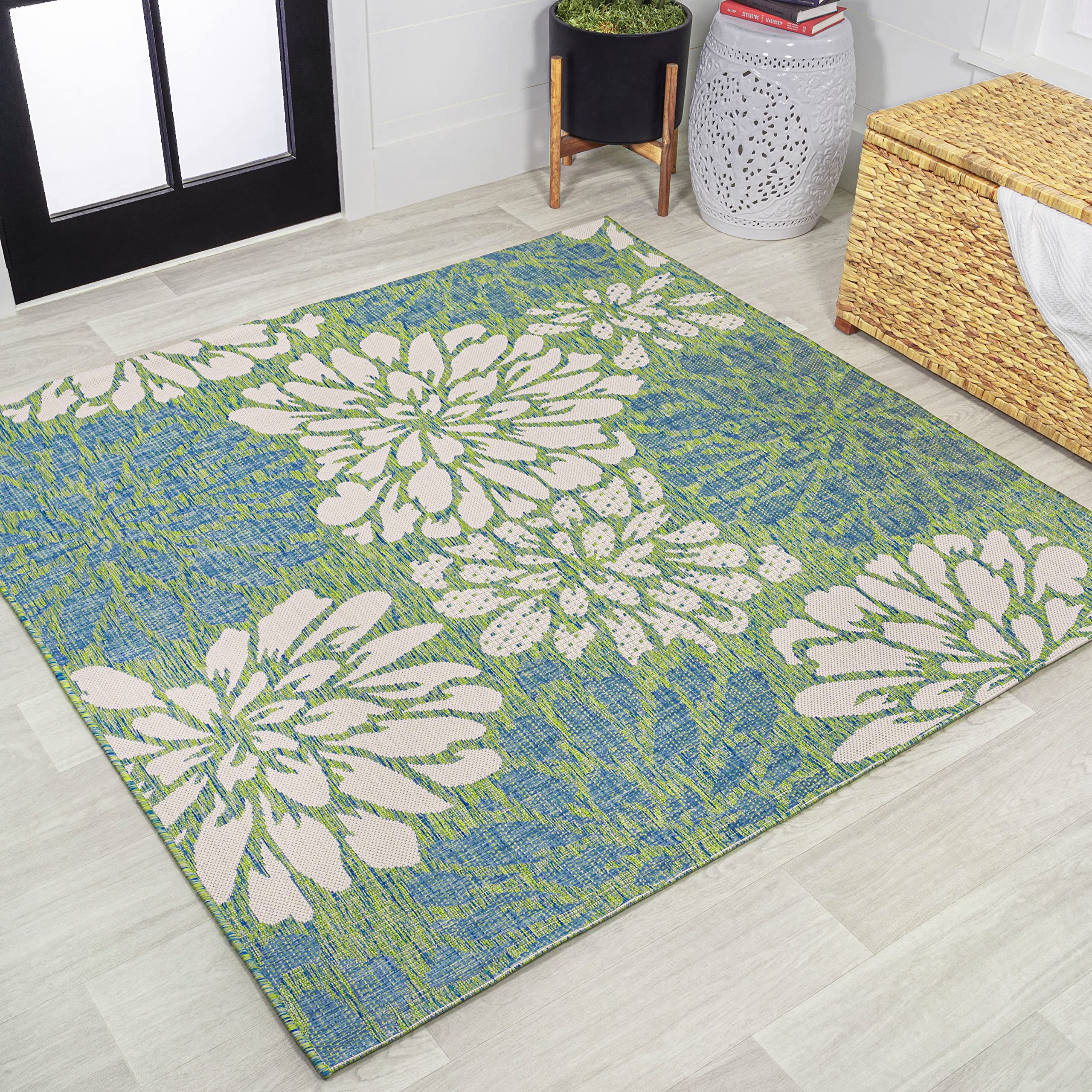 JONATHAN Y Floral Textured Weave Indoor Outdoor Square Area Rug 8X8 Cream/Green, Zinnia Modern for Backyard, Patio, Porch, Easy-Cleaning, High Traffic, Pet-Friendly, Non-Shedding (SMB110D-8SQ) Image