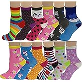 Ayla 12 Pairs Pack Kids Girls Colorful Creative Fun Novelty Design Crew Socks (6-8, Assorted Design)