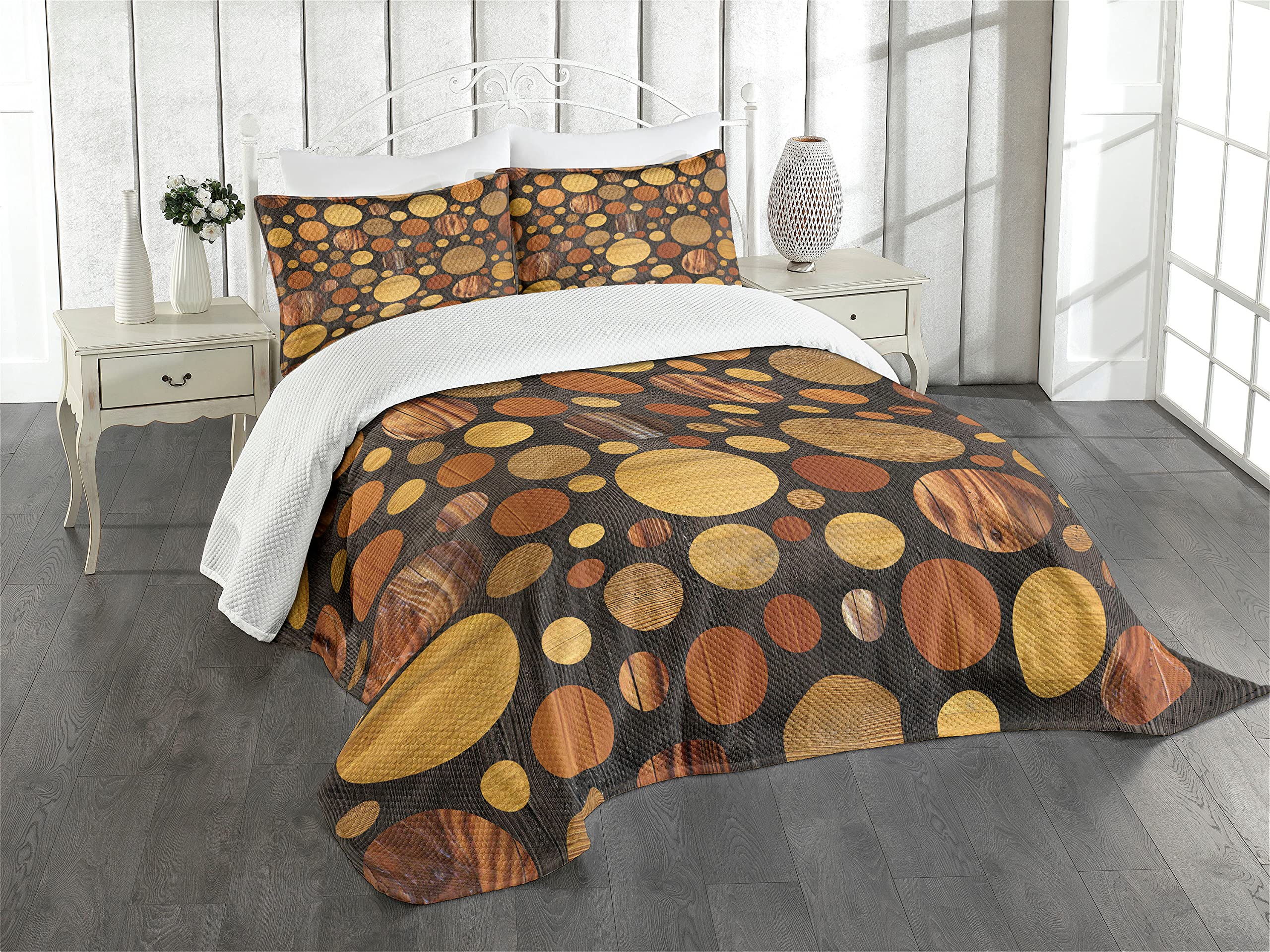 ABAKUHAUS Wooden Bedspread Set, Brown Abstract Circles, Decorative Quilted 3 Piece Coverlet Set with 2 Pillow Shams, Brown Camel