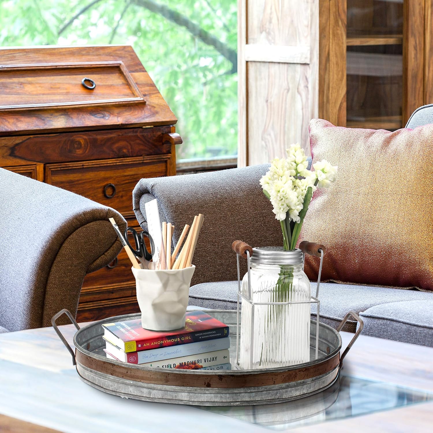 Stonebriar Galvanized Metal Serving Tray with Rust Trim and Metal Handles, Unique Butler Tray, Decorative Centerpiece for Coffee Table or Dining Table, Rustic Accessories for Weddings and Parties: Home & Kitchen