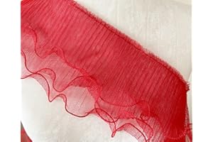 PEPPERLONELY 1 Yard 3-Layer Pleated Tulle Lace Chiffon Fabric Ribbon Fringe Elastic Ruffle Trim Dress Collar Cuffs DIY Sewing Material, 5 Inches Width, Red