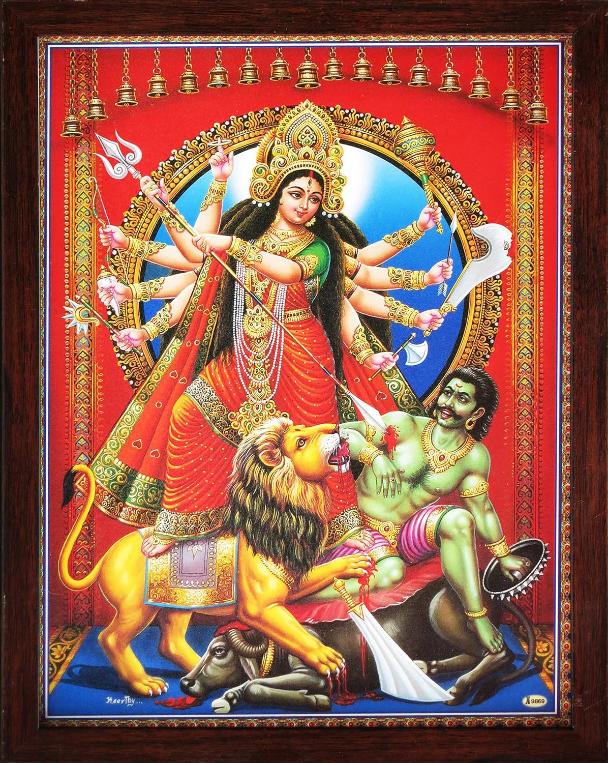Hindu Goddess Kali Killing Bhairwa with His Lion, a Hindu Religious Poster Painting with Frame