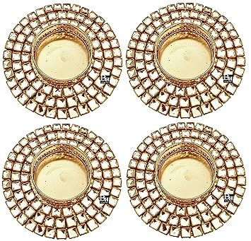 Bombay Haat Premium Quality DIAMOND STONES Diwali Diya Tealight Candle Holders for Diwali Home Decoration | Diwali Light | Gift Items for Diwali | Home Decoration Items | Diwali Decoration Items for Home | (Gold and Silver, 4)