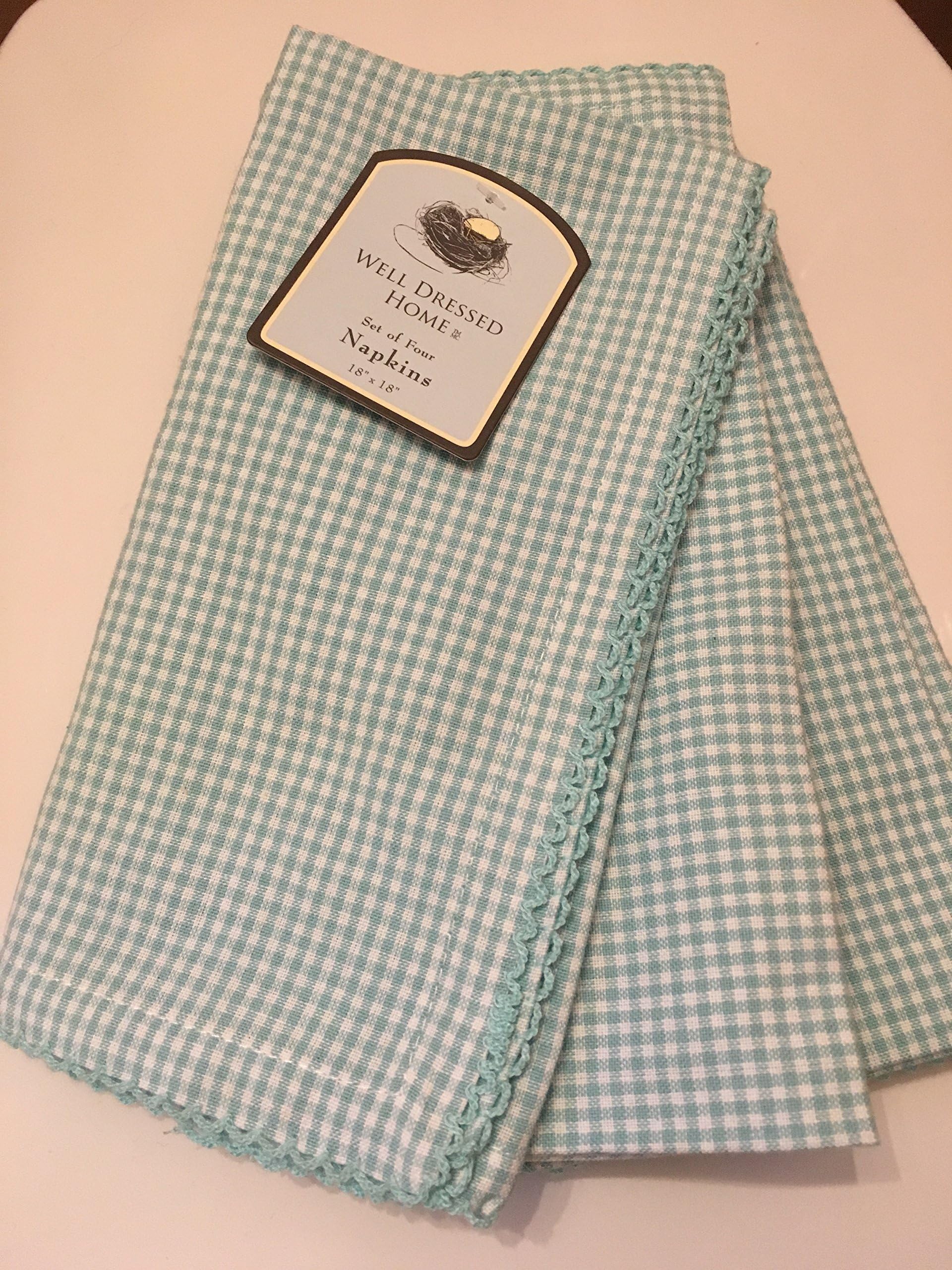 Well Dressed Home Set of Four Aqua Blue Gingham Cloth Napkins - Crocheted Edges