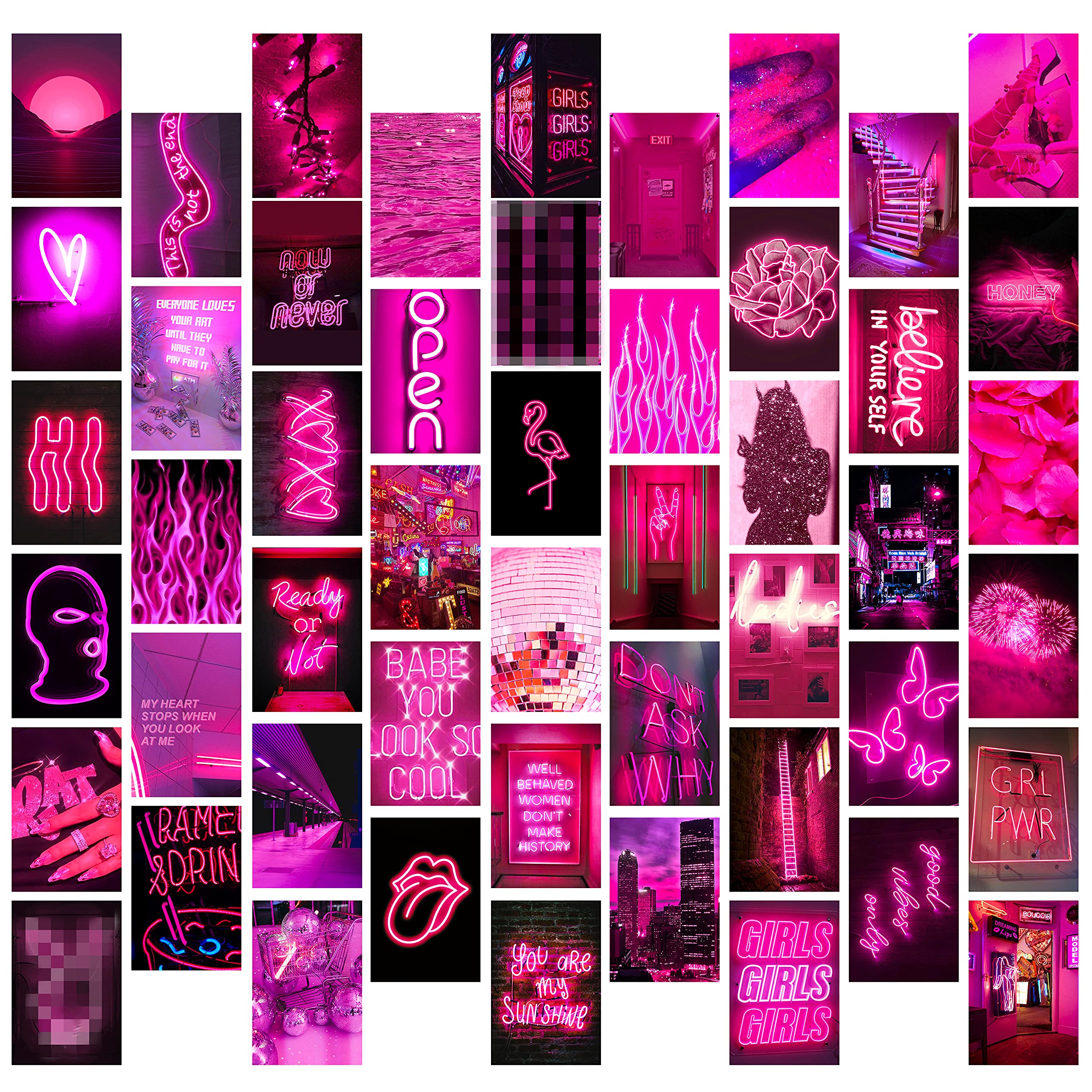 GROBRO7 50PCS Pink Neon Aesthetic Wall Collage Kit, Art Indie Room Decor, Posters for Dorm Wall Decor, VSCO Girls Aesthetic Art Print Picture, Aesthetic Photo Bedroom Decor for Teen Girls