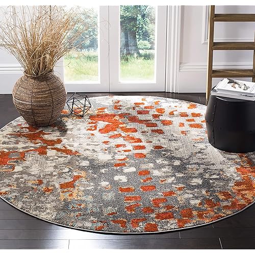 Safavieh Monaco Collection MNC225H Boho Chic Abstract Watercolor Non-Shedding Stain Resistant Living Room Bedroom Area Rug, 6'7" x 6'7" Round, Grey / Orange