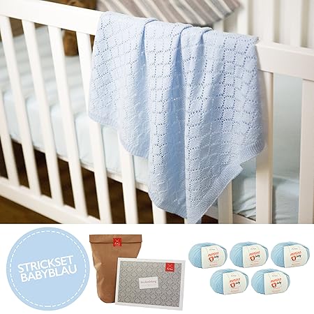 MyOma Baby Stricken * Babydecke Traumreise blau * Strickset Babydecke mit 5 Knäuel Babywolle 100% Merino + Baby Stricken Anle