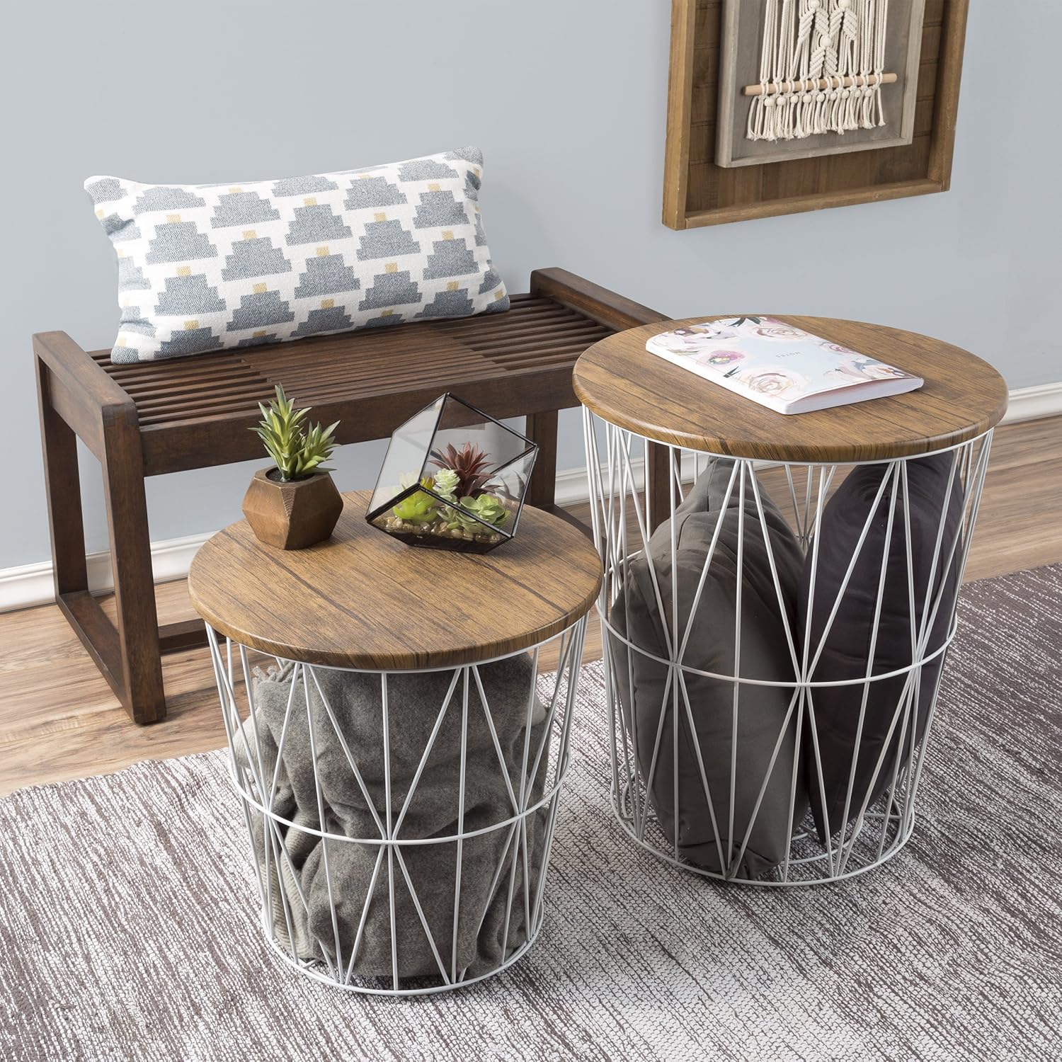 Lavish Home Convertible Round Metal Basket Veneer Wood Top Accent Side Home and Office Nesting End Tables with Storage- (Set of 2), White: Home & Kitchen