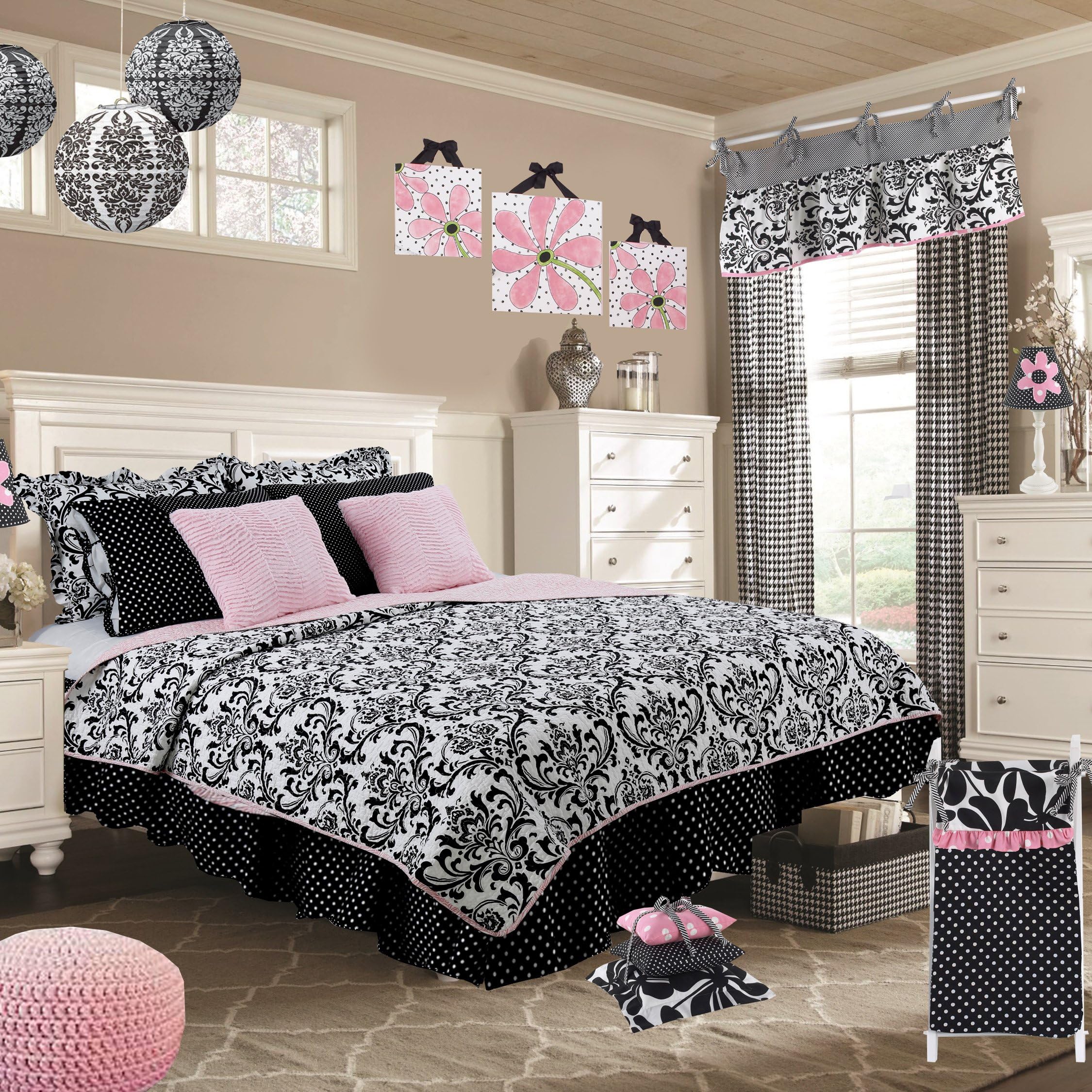 Girly Black White Pink Damask Floral Polka Dots Safari Jungle Zebra Animal Print Modern Cotton 8 Piece Queen Reversable Quilt Bedding Set by Cotton Tale Designs