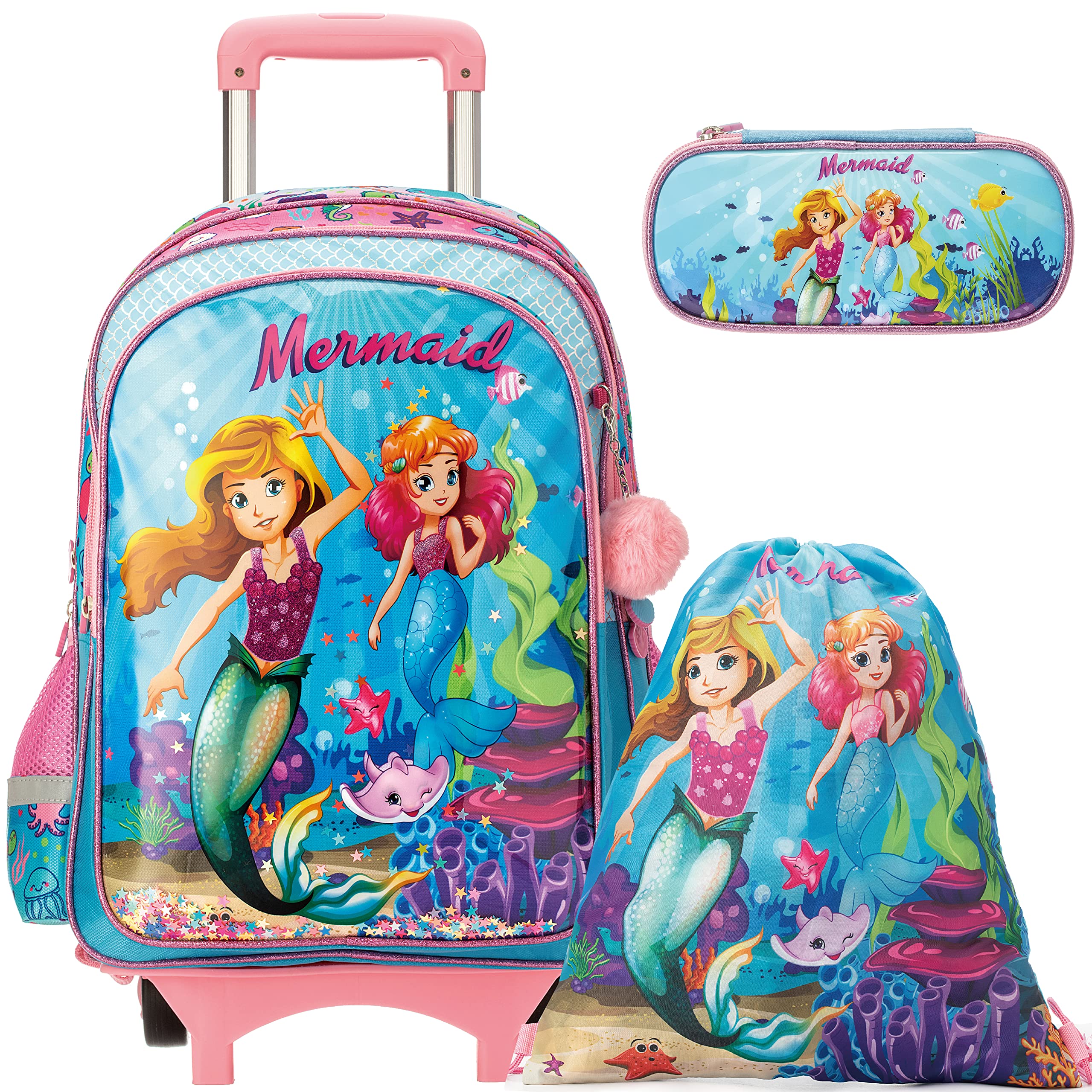 HTgroce Trolley School Bags for Boys Girls Mermaid Print Kids Backpack Hand Luggage suitcases with Swimming Bags, Pencil case,Lunch Bag, Hair Ball Pendant for Kids Bambino