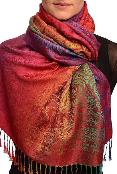Mirrored Ombre Paisleys On Burgundy Pashmina Feel With Tassels - Rot Scarf, Schal Einheitsgroesse (70cm x 180cm)
