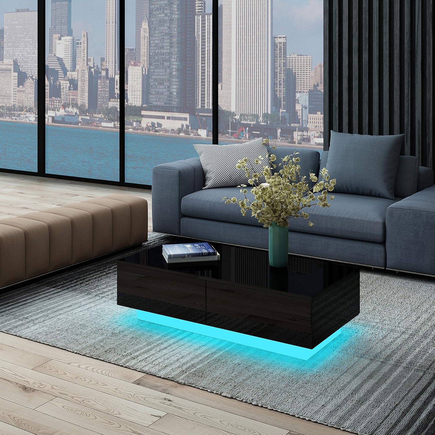 Undranded Led Light Coffee Table With 4 Drawers Modern Rectangle High Gloss Side Table For Living Room Home Office Furniture 95 X 60 X 31cm Black Amazon Co Uk Kitchen Home