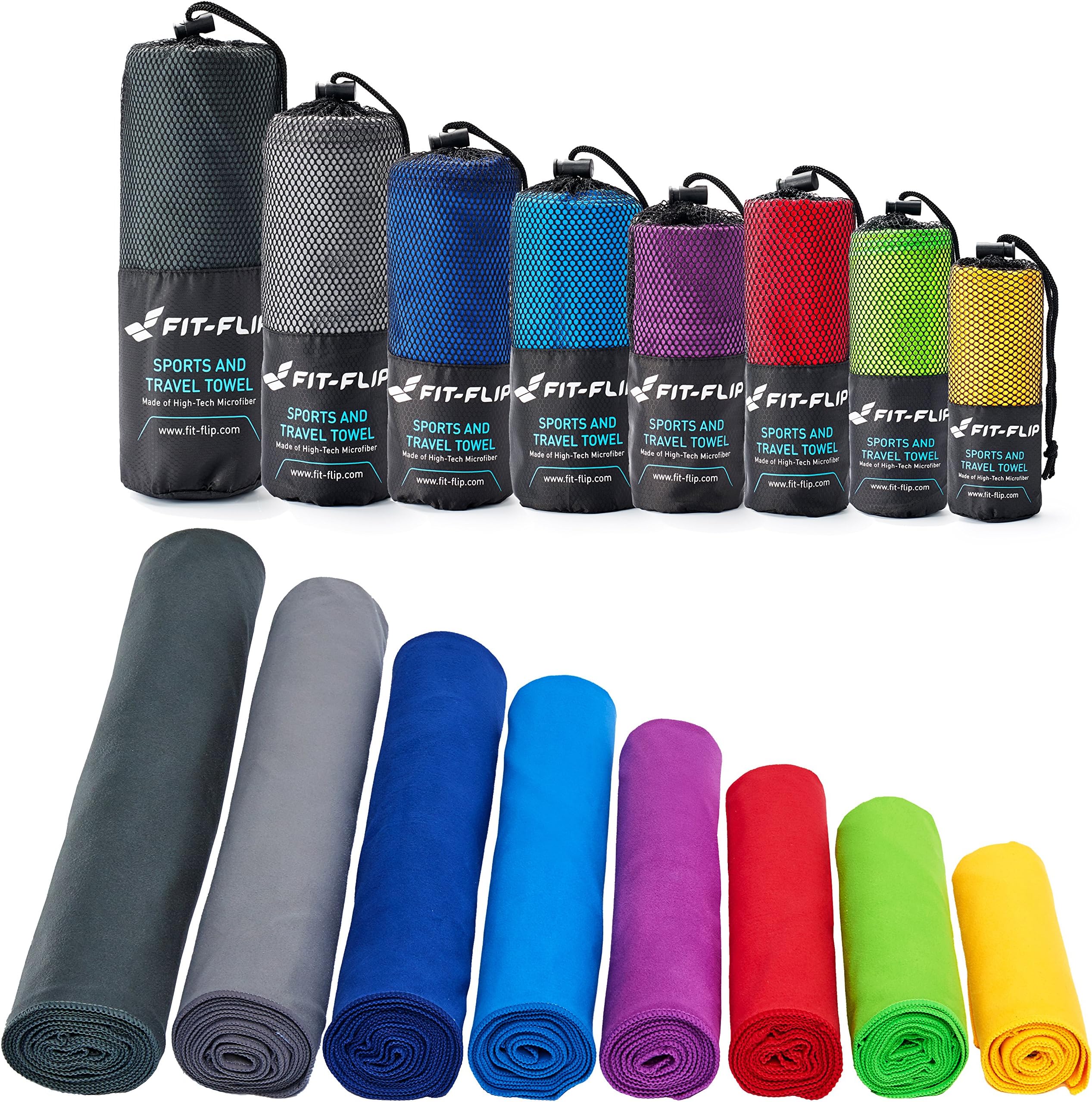 Fit-Flip Microfibre Towel in 12 Colours + Bag โ small, lightweight and ultra absorbent โ Microfibre Travel Towel, Beach Towel, Micro Towel, Sport Towel, Large XL Gym Towel