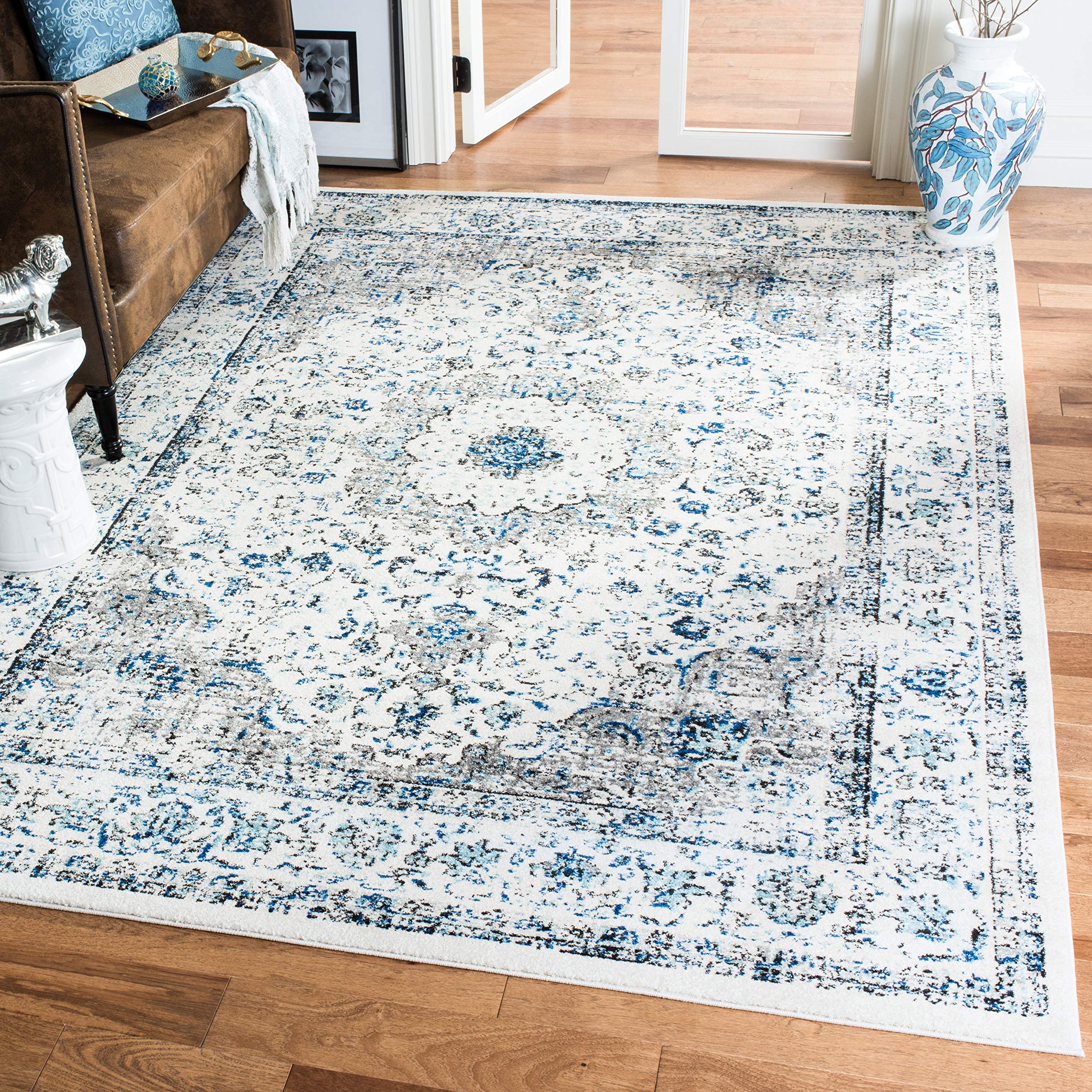 SAFAVIEH Evoke Collection Area Rug - 6'7" Square, Ivory & Grey, Shabby Chic Oriental Medallion Design, Non-Shedding & Easy to Clean, Ideal for Living Room, Bedroom, Dining Space (EVK220D) Image
