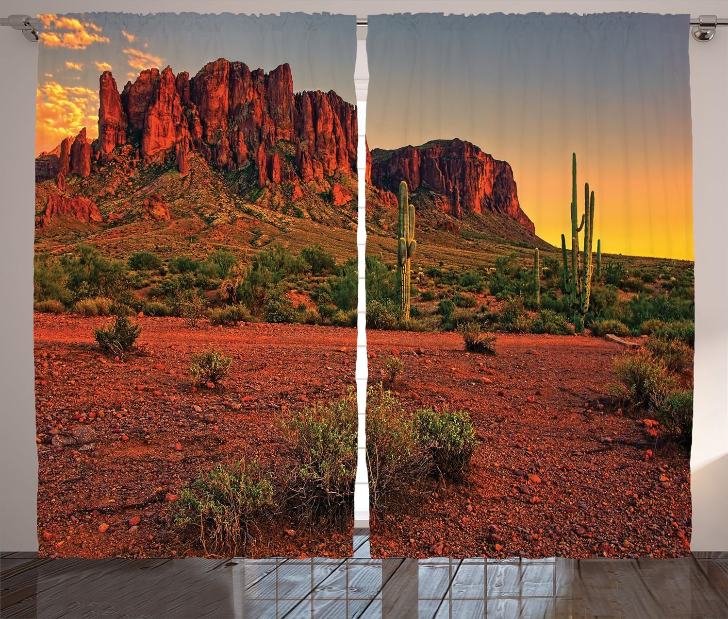 Ambesonne Saguaro Curtains, Colorful Sunset View of The Desert and Mountains Near Phoenix Arizona USA, Living Room Bedroom Window Drapes 2 Panel Set, 108