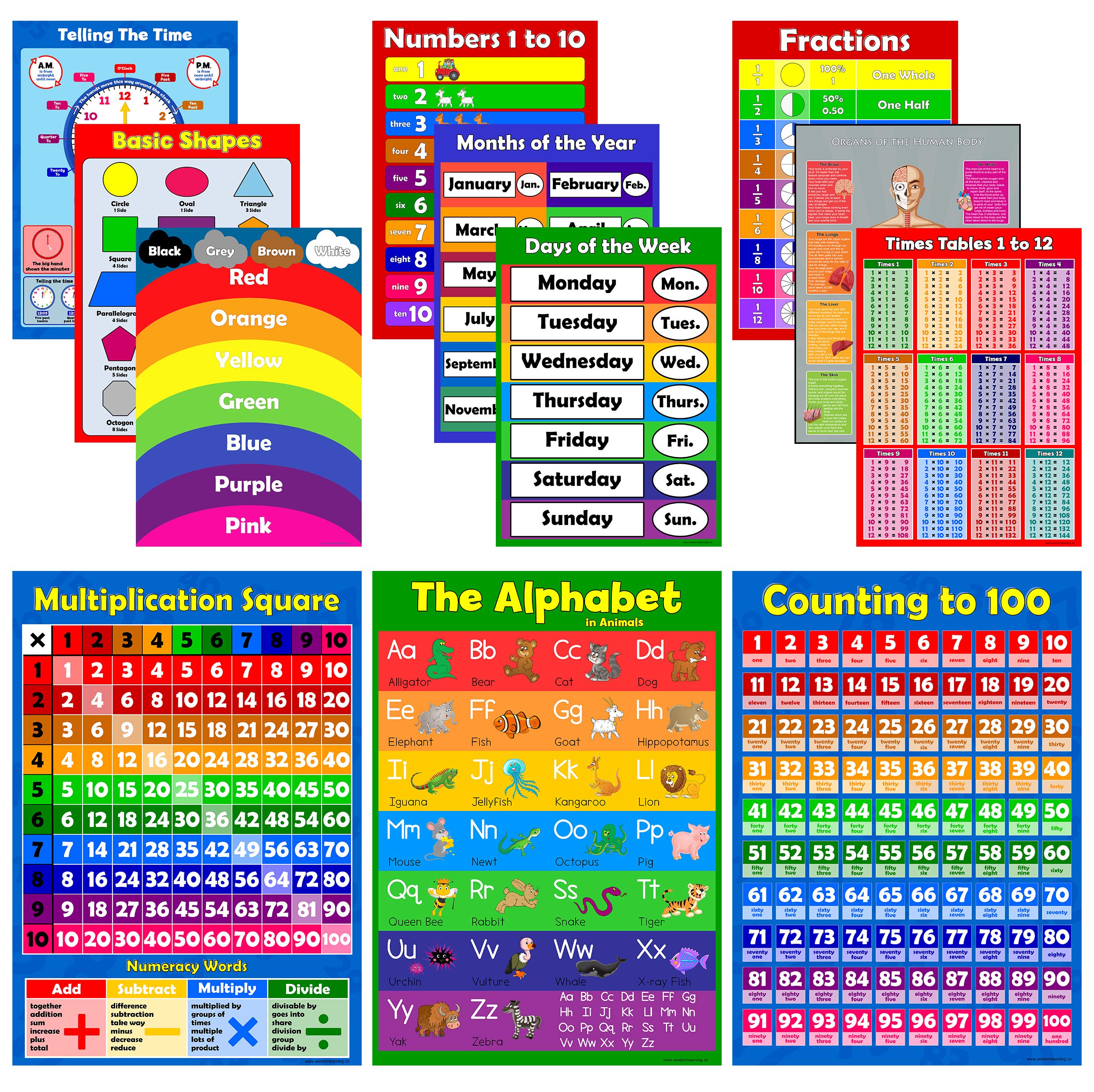 Colourful Educational Poster Pack of 12 for Kids Learning Charts - times tables poster, alphabet poster, ABC poster, classroom posters, educational supplies, eyfs resources