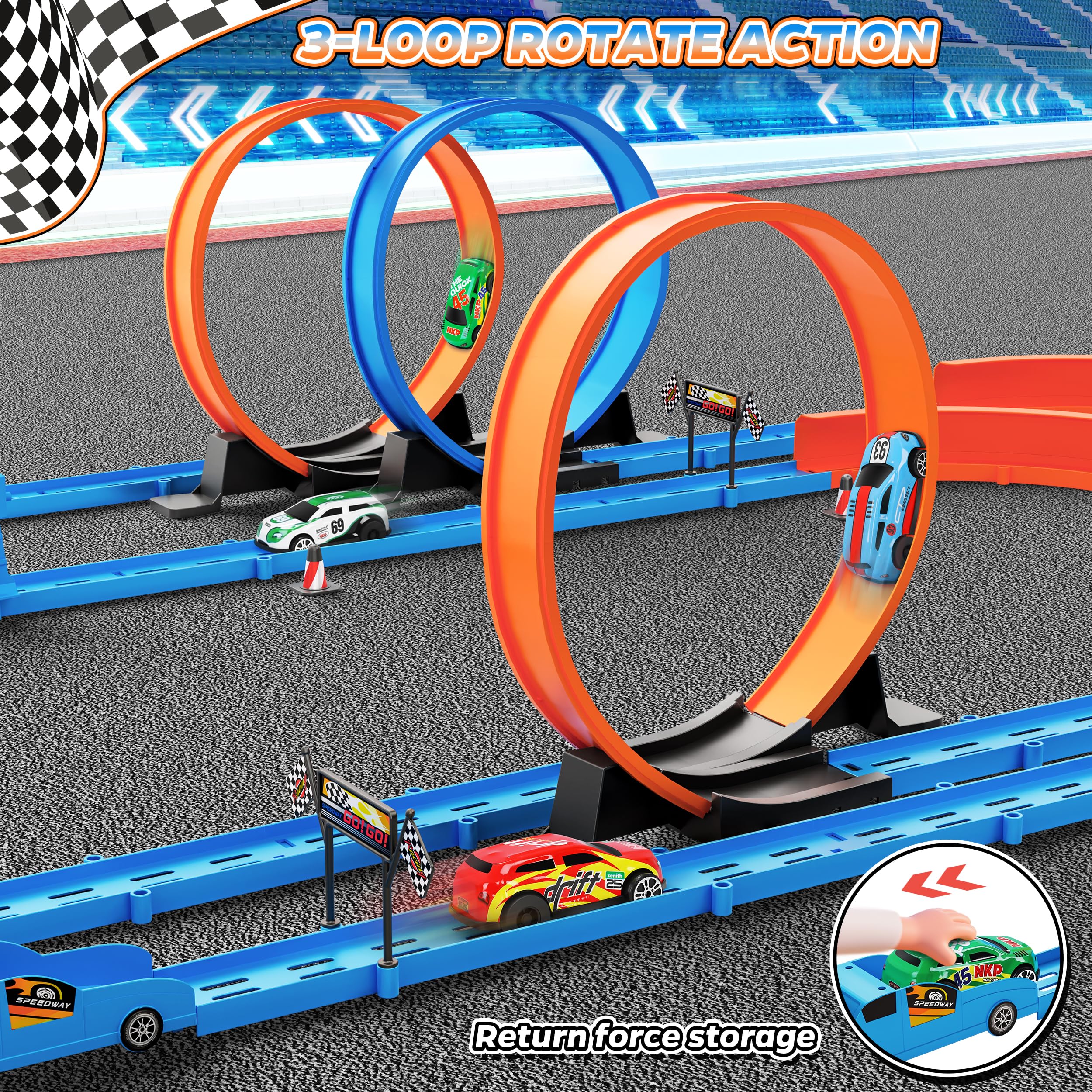 ‌Slot Car Race Track Sets with 360° Thrill Loops & 4 High-Speed Cars, 64 Pcs Large Flexible Racing Track for Kids Ages 3-5 4-8 8-12, Race Car Toys Gift for Boys Girls Birthday Christmas