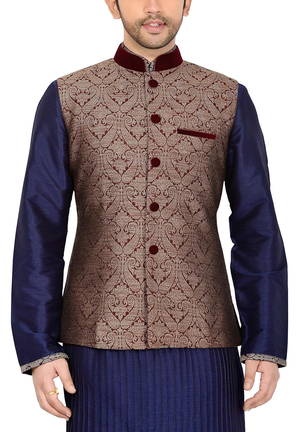 manyavar men's banded collar blended jacket