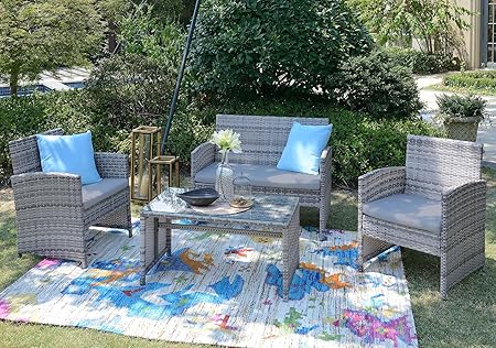 Amazon Com Homewell 4pc Wicker Patio Furniture Set Cushioned