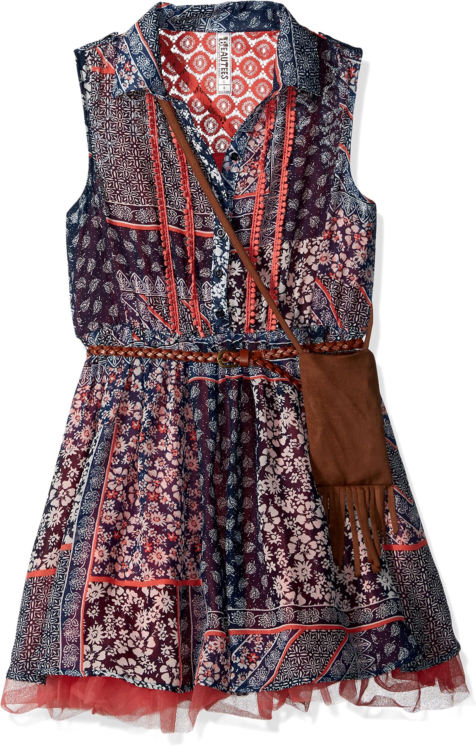 Beautees Girls' Big Patchwork Print Bt. Front Shirt Waist Dress