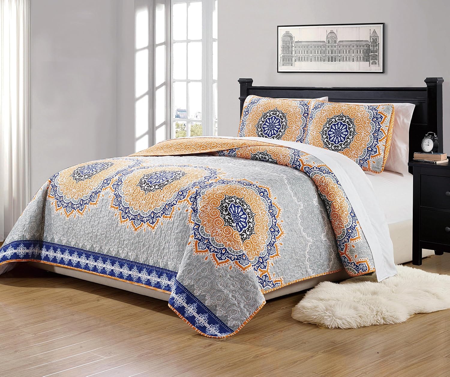 MK Home Mk Collection 3pc King/California King Bedspread Quilt Over size 118" x 95" Orange Coastal Plain Grey Green White Blue Elegant Design # Oslo Orange