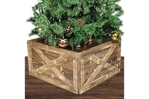 MCEAST Wooden Tree Collar Box 16.5 x 16.5 x 11.5 Inches Oversized Christmas Tree Skirt Tree Box Natural Christmas Farmhouse Wooden Tree Box Stand Cover for Christmas Rustic Party Supplies, Dark Brown