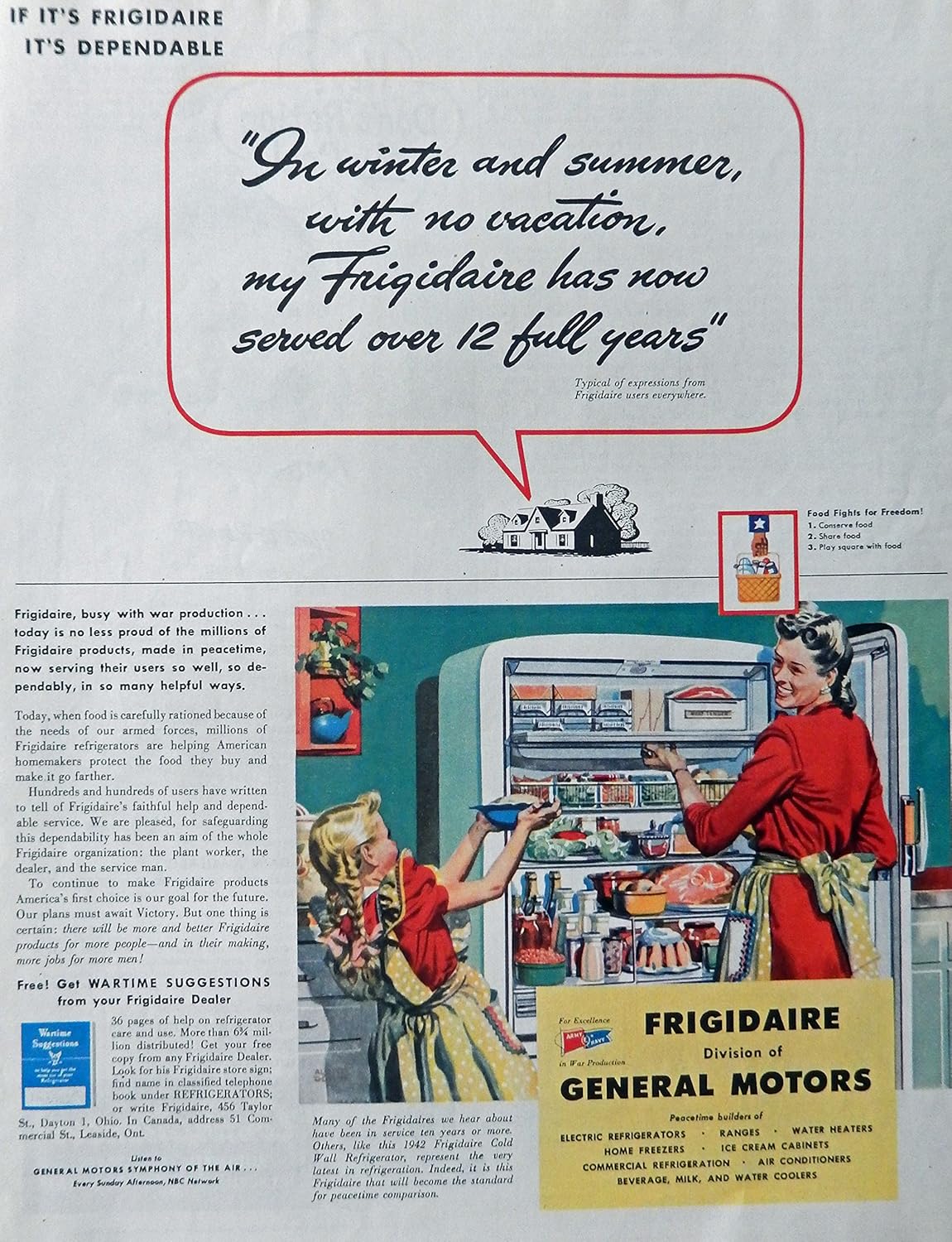 Frigidaire, General Motors, 40's Print Ad. full Page Color Illustration (mother and daughter) Original Vintage, Rare 1944 Collier's Magazine Art