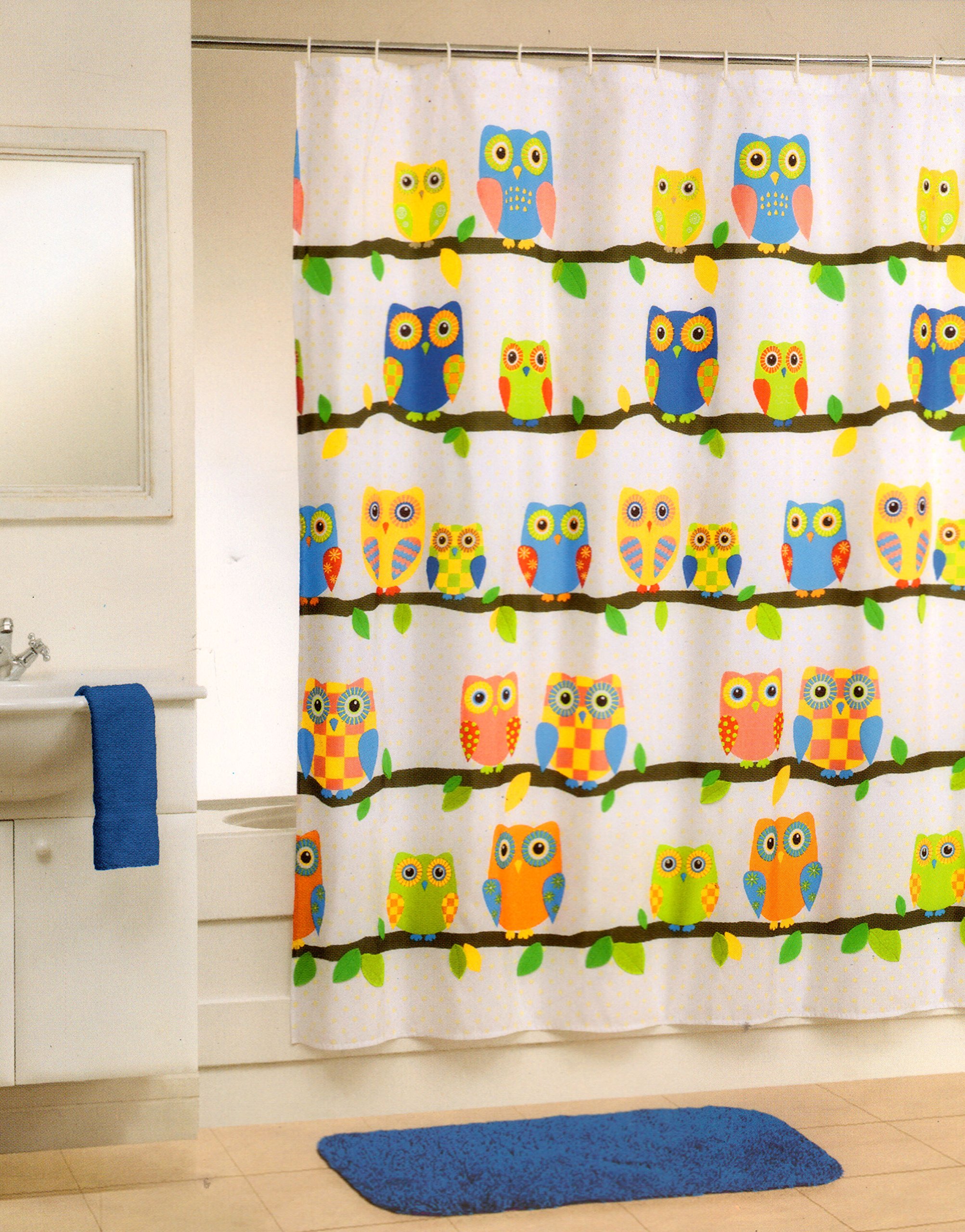 OWL Shower Curtain Polyester Fabric What a Hoot Design with Sequin Eyes
