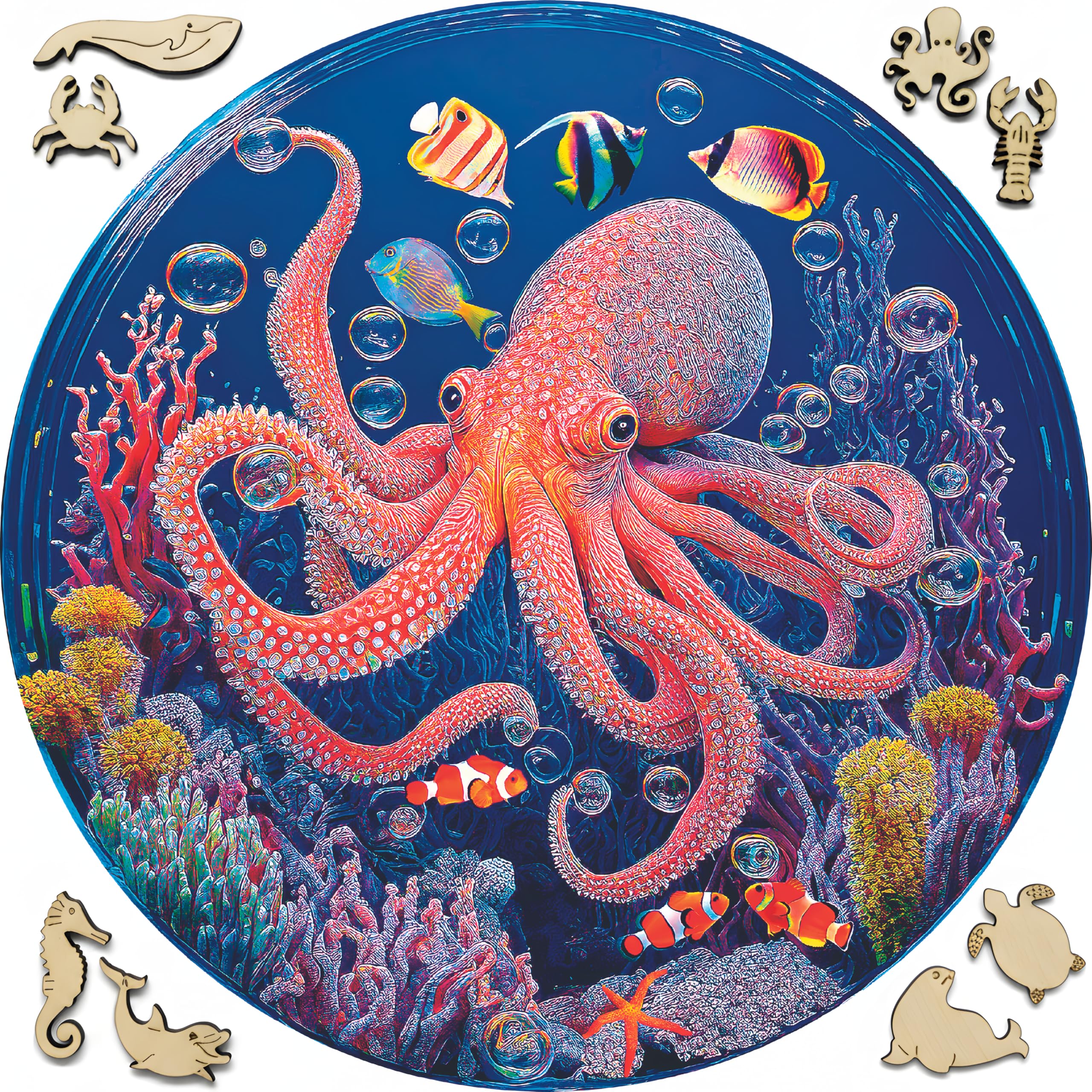 Wooden Jigsaw Puzzles for Adults - Animal Shaped Puzzles - Round Wooden Ocean Puzzles - Christmas & Birthday Gift Idea - Octopus