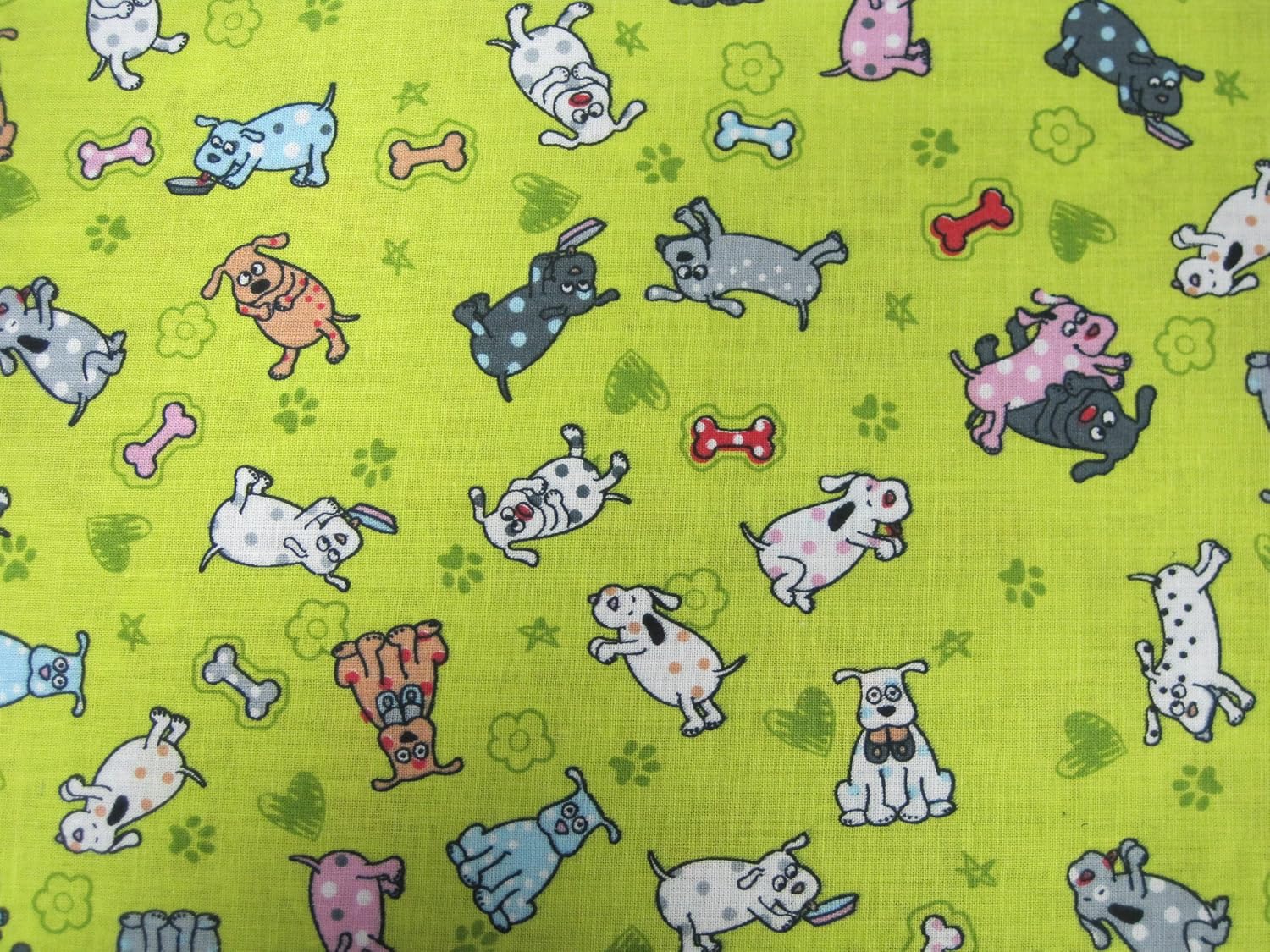 100 Cotton Green Fabric Colourful Animal Print Doggy Dog Print Bones