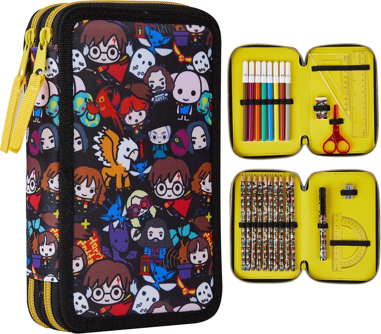 Harry Potter Pencil Case for Girls Boys Stationery Set School Supplies, Wand Secret Light Pen (Black AOP)