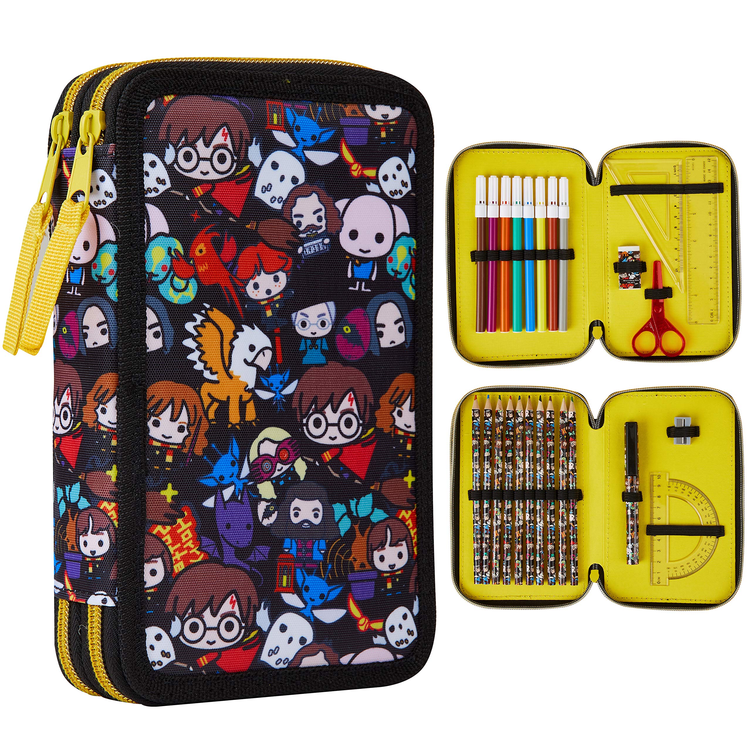 Harry Potter Pencil Case for Girls Boys, Stationery Set School Supplies, Wand Secret Light Pen (Black AOP)