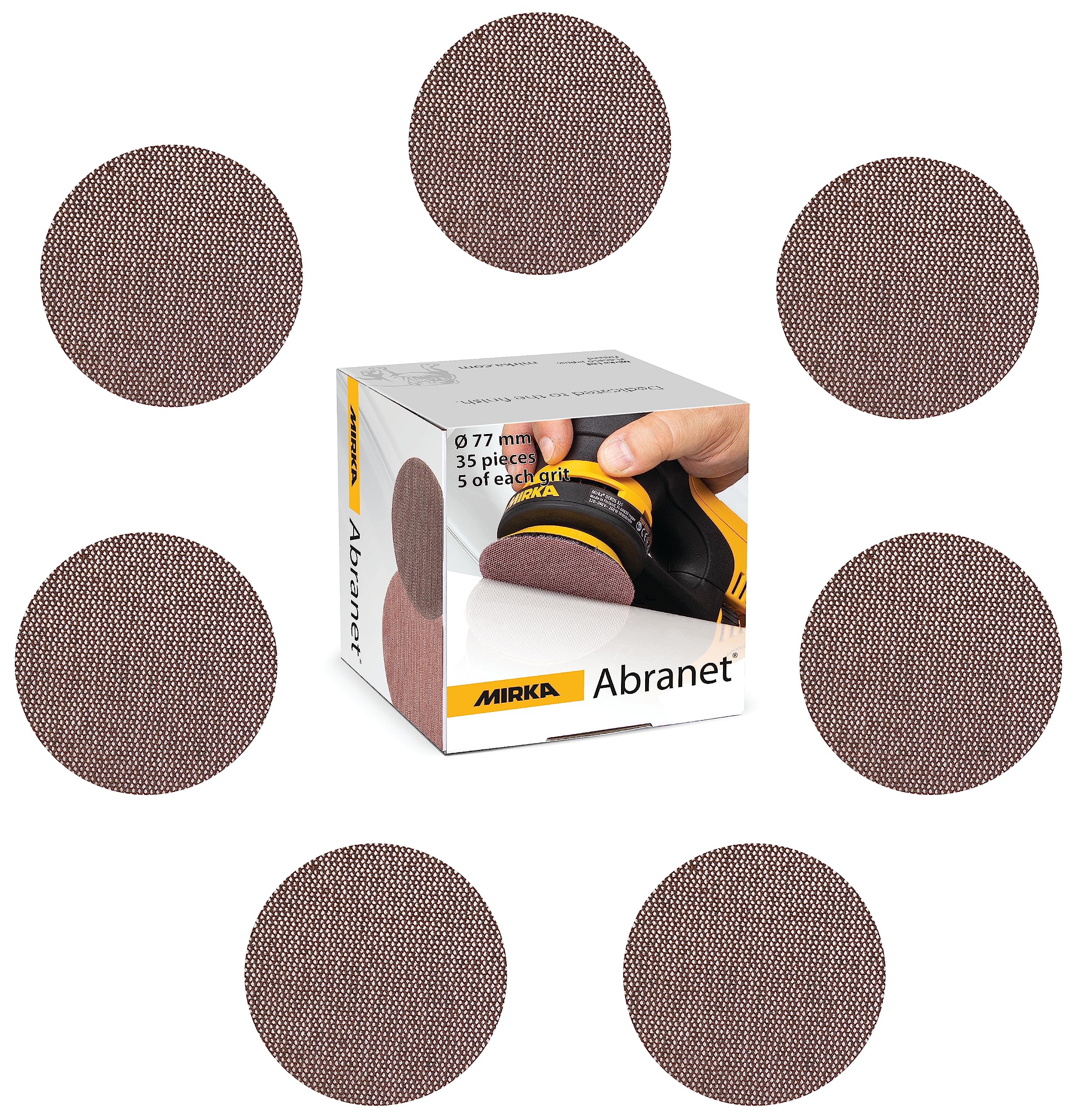 Mirka Abranet net sanding discs Ø 77 mm Hook & loop/Mix-Pack 5 pcs of each grit size 80, 120, 180, 240, 320, 400, 600/35 pcs/For all 77 mm excentric sanders and grinding machines.