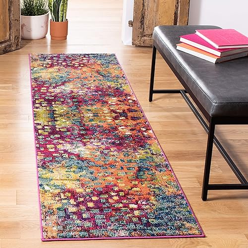 Safavieh Monaco Collection MNC225D Boho Chic Abstract Watercolor Non-Shedding Stain Resistant Living Room Bedroom Runner, 2'2" x 12' , Pink / Multi