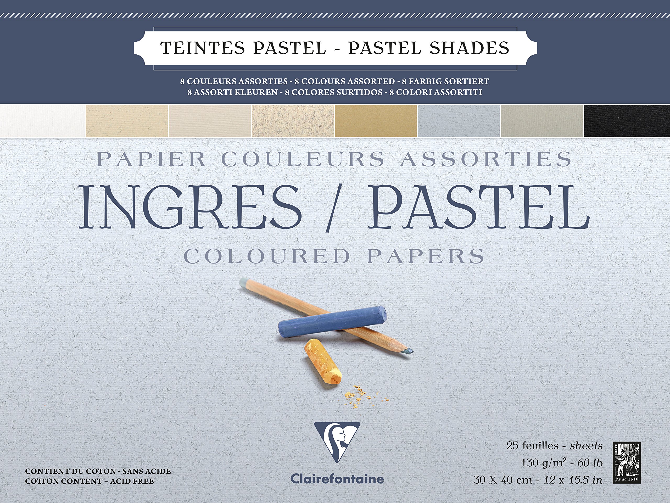 Clairefontaine - Ref 96488C - Ingres Pastel Colour Glued Pad (25 Sheets) - 30 x 40cm Size, Cotton Content, Acid Free, 130gsm Paper - Assorted Pastel Colours