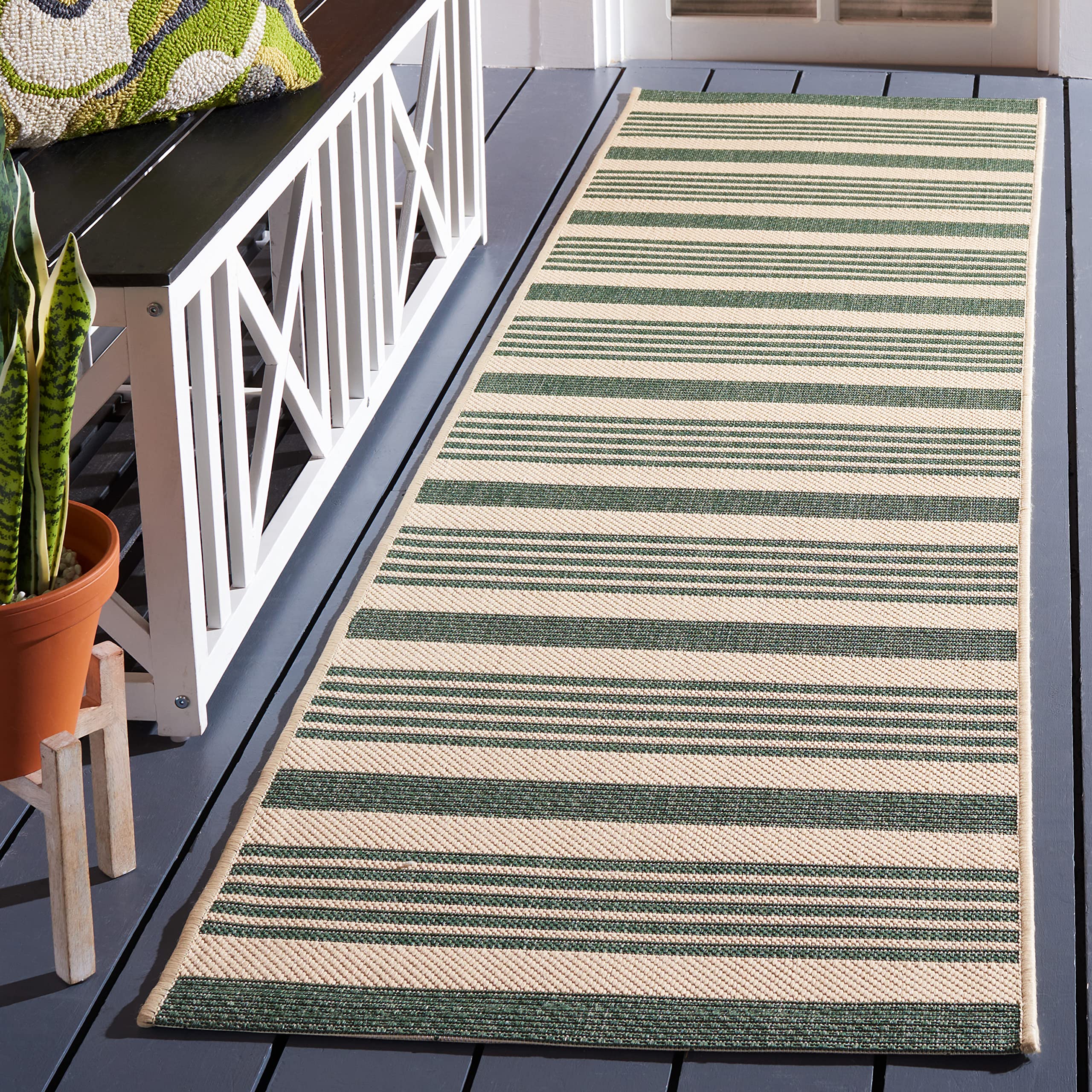 SAFAVIEH Washable Rug Outdoor Courtyard Collection - 2'3" x 20' Runner, Beige & Dark Green, Non-Shedding & Easy Cleaning, Ideal for Patio, Entryway, Mudroom, Hallway, Kitchen (CY6062-322) Image