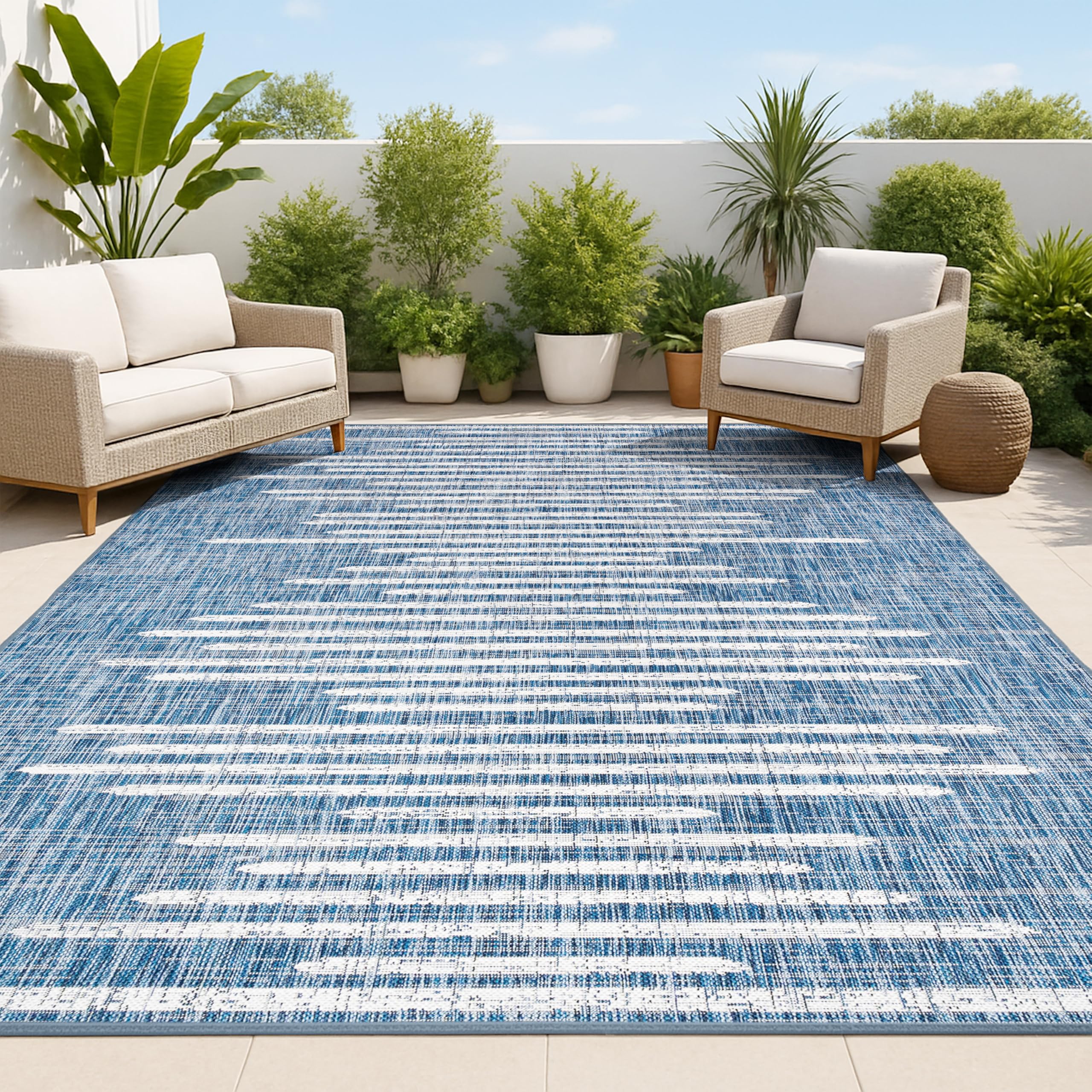 JONATHAN Y Stripe Geometric Indoor Outdoor Area Rug 9X12 Blue/Ivory, Zolak Berber for Backyard, Patio, Porch, Easy-Cleaning, High Traffic, Pet-Friendly, Non-Shedding (SMB124C-9) Image