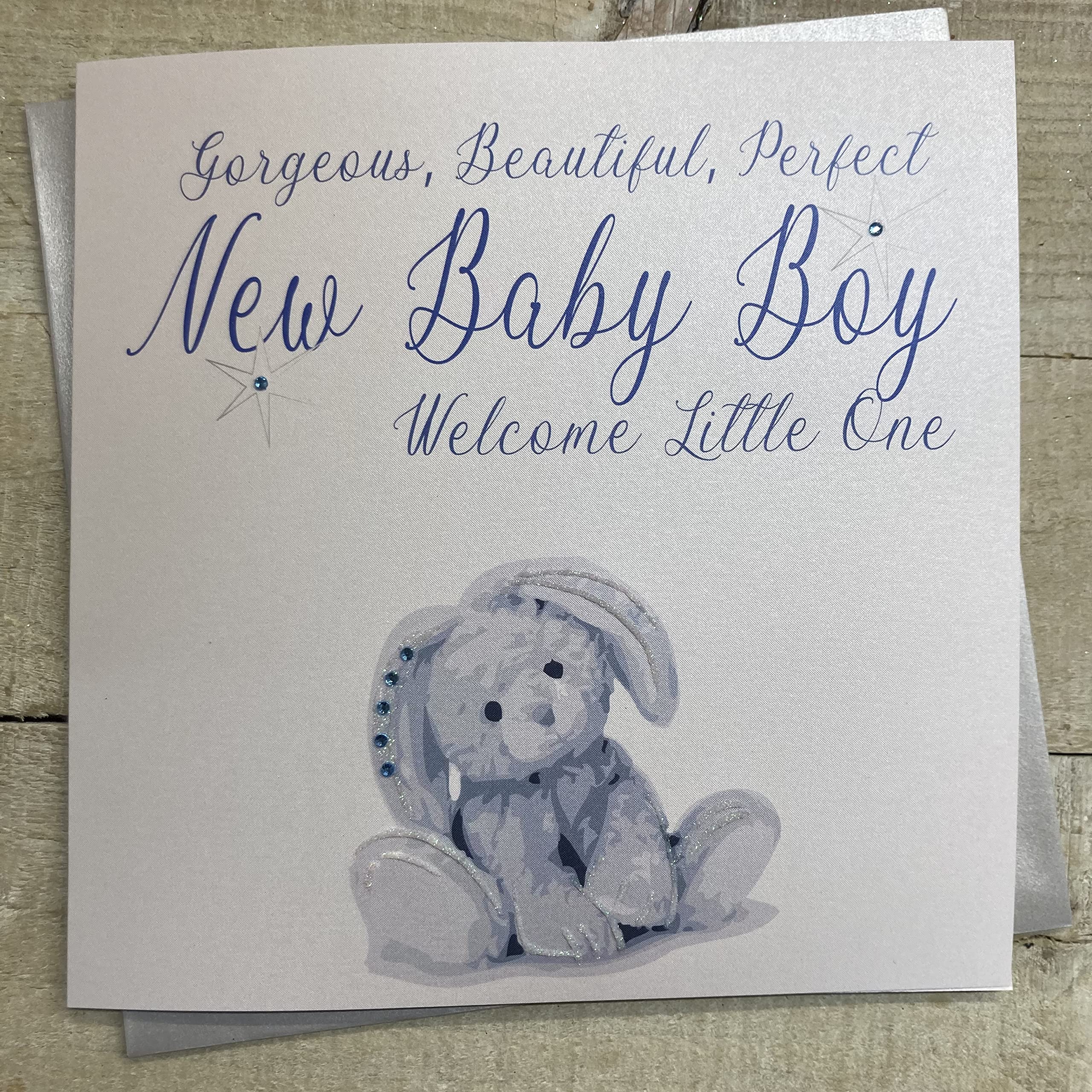 WHITE COTTON CARDS Gorgeous Beautiful Perfect, Blue Bunny Handmade New Baby Boy Card, XN201, 22CM X 22CM