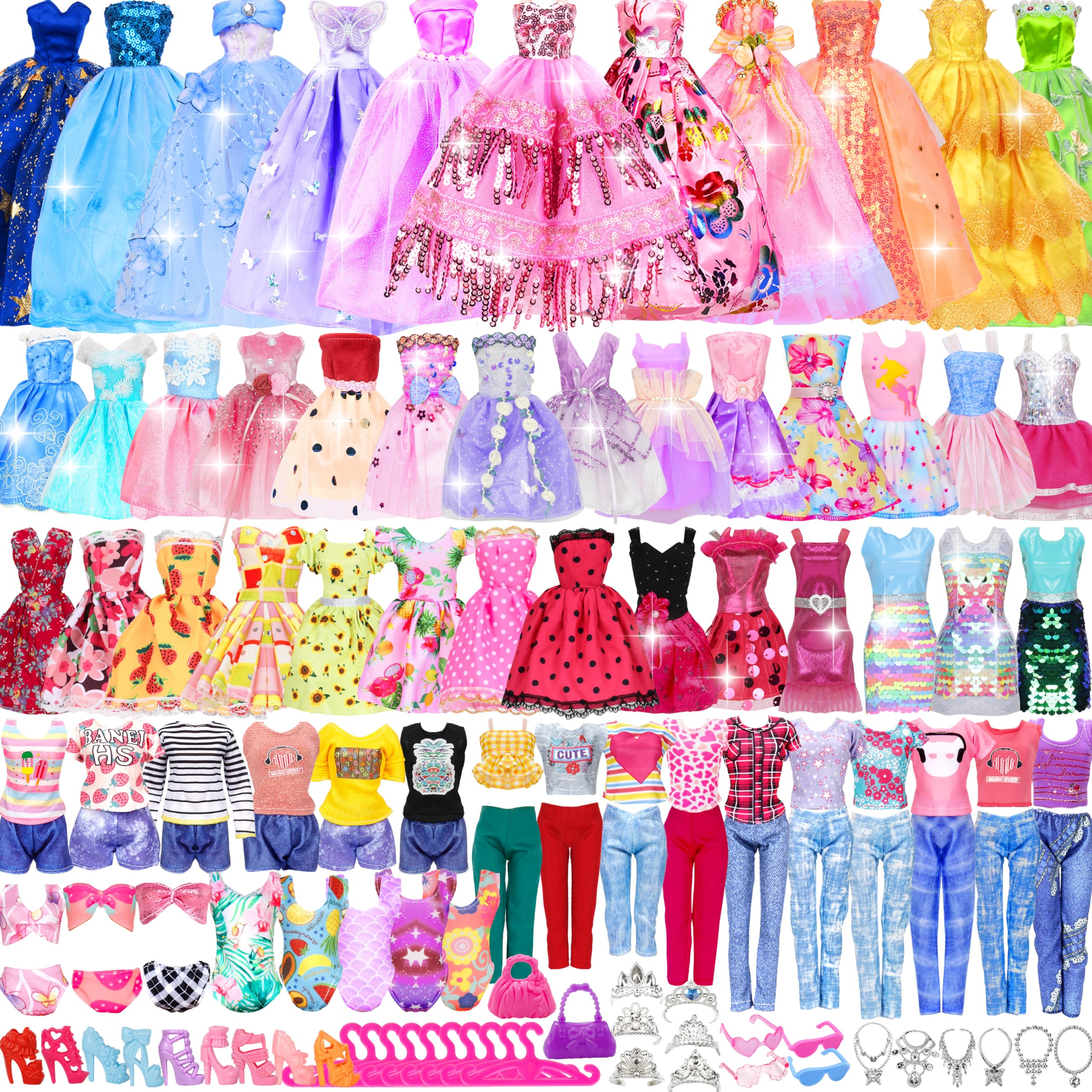 Photo 1 of 130 Pcs Doll Clothes and Accessories Kit, Including 4 Princess Gowns 8 Fashion Dresses 3 Tops 3 Pants 2 Bikini Swimsuits 20 Shoes 20 Accessories and Hangers for 11"-12" Dolls