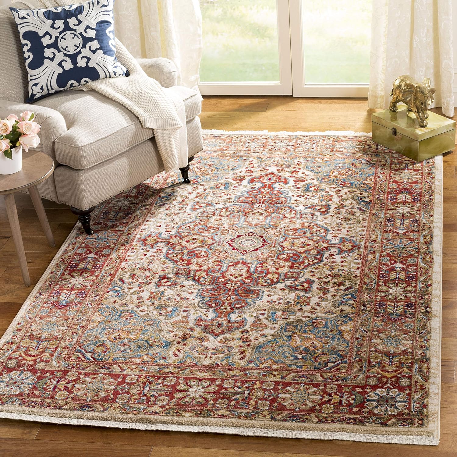 Safavieh Kashan Collection KSN305B Traditional Ivory and Blue Area Rug (9' x 12')