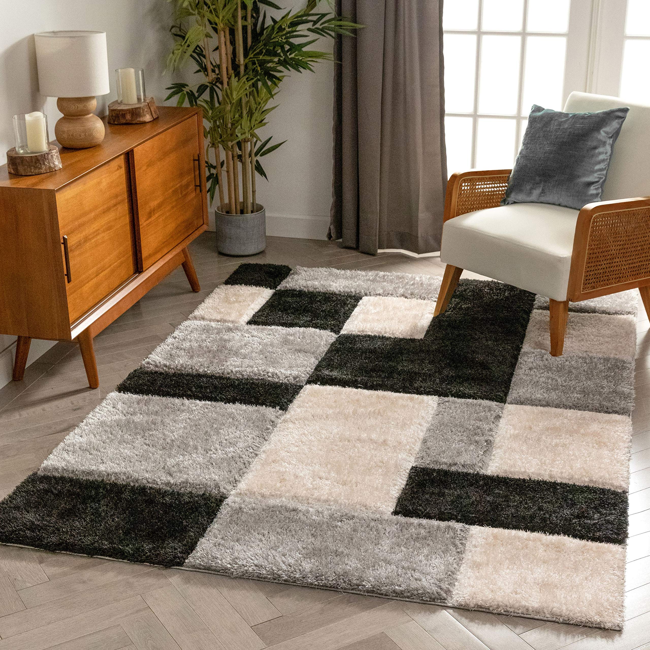 Well Woven Ella Multi Geometric Boxes Thick Soft Plush 3D Textured Shag Area Rug (5'3" x 7'3") Image