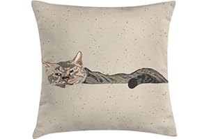 Ambesonne Cat Throw Pillow Cushion Cover, Lazy Sleepy Cat in Earth Tones Furry Mascot Indoor Pet Art Illustration, Decorative Square Accent Pillow Case, 24" X 24", Grey Beige