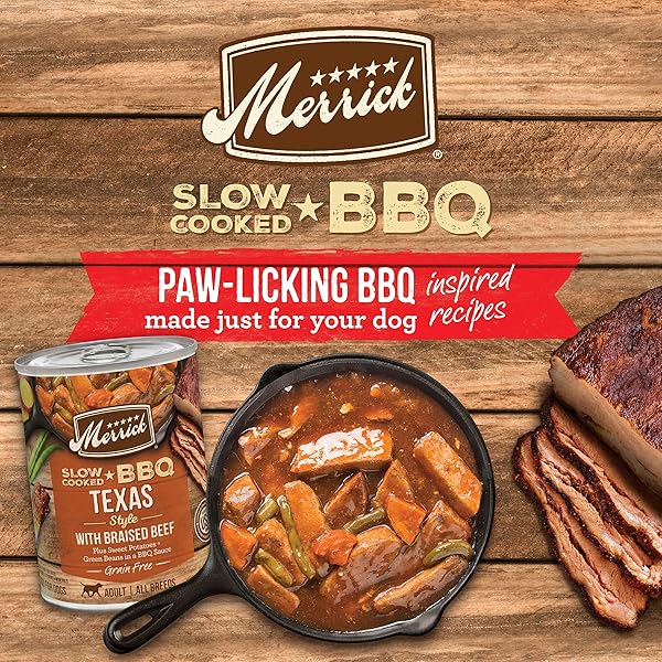 MERRICK SLOW-COOKED BBQ PREMIUM HEALTHY REAL MEAT GRAIN FREE CANNED DOG FOOD, TEXAS STYLE WITH BRAISED BEEF – (PACK OF 12) 12.7 OZ. CANS