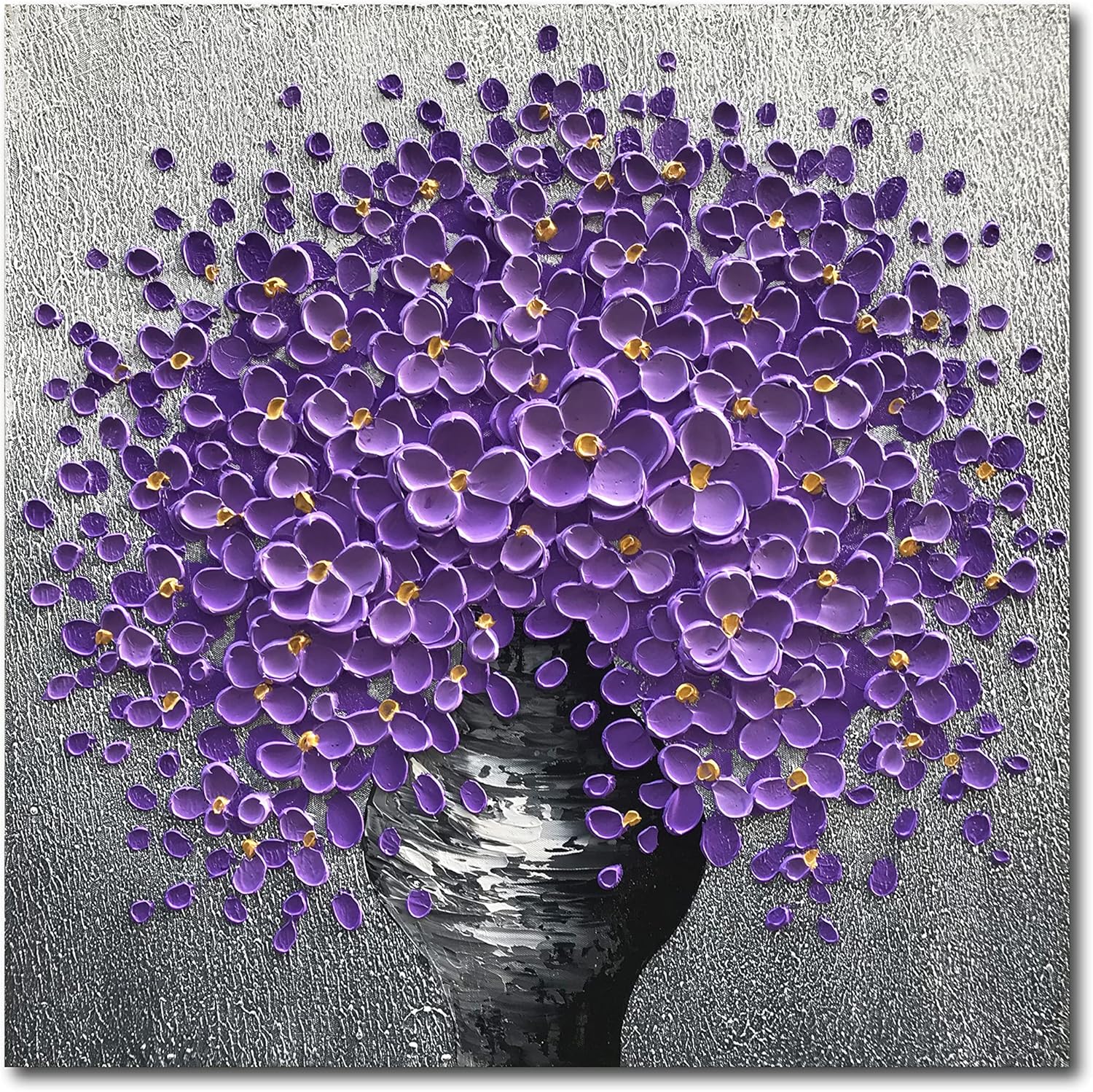 Paintings - Epicler art 24x24 Hand-painted Purple Flowers 3D Abstract Decorative paintings, Wall decorative frame wall Art, modern Art Living room bedroom office Hotel and Restaurant Wall Art