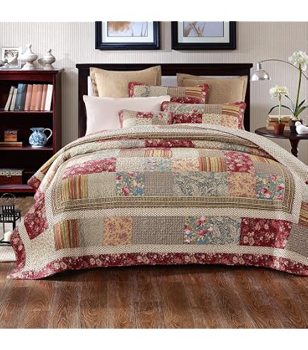 WONGS BEDDING Colcha 220 X 240 Cm Azul Patchwork Manta De Cama Colchas Acolchadas Patrón Floral Colcha Microfibra A Cuadros Con 2 Fundas De Almohada 50 X 75 Cm