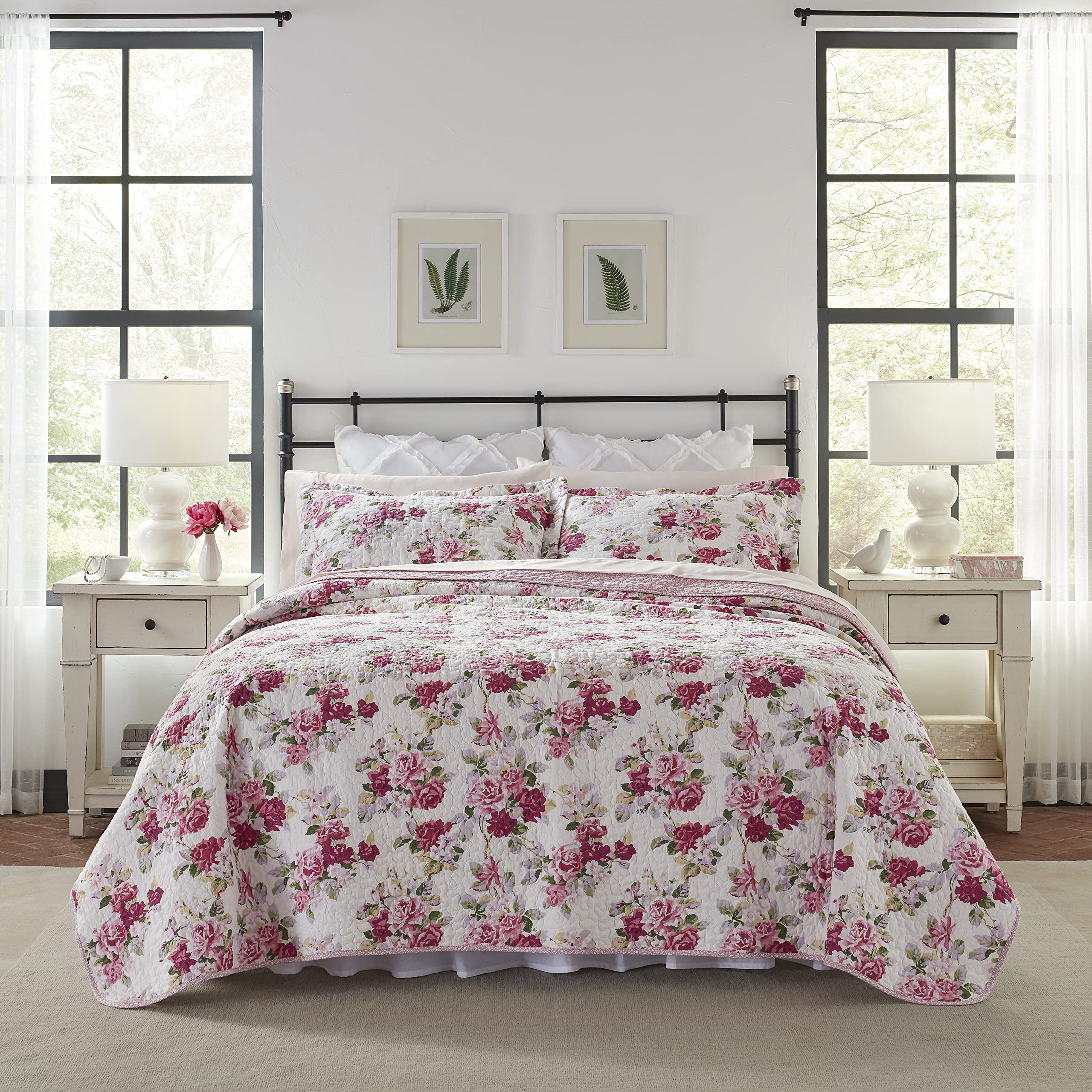 Photo 1 of Laura Ashley Home - Lidia Collection - Quilt Set - 100% Cotton, Reversible, Lightweight & Breathable Bedding, Pre-Washed for Added Softness, King, Pink