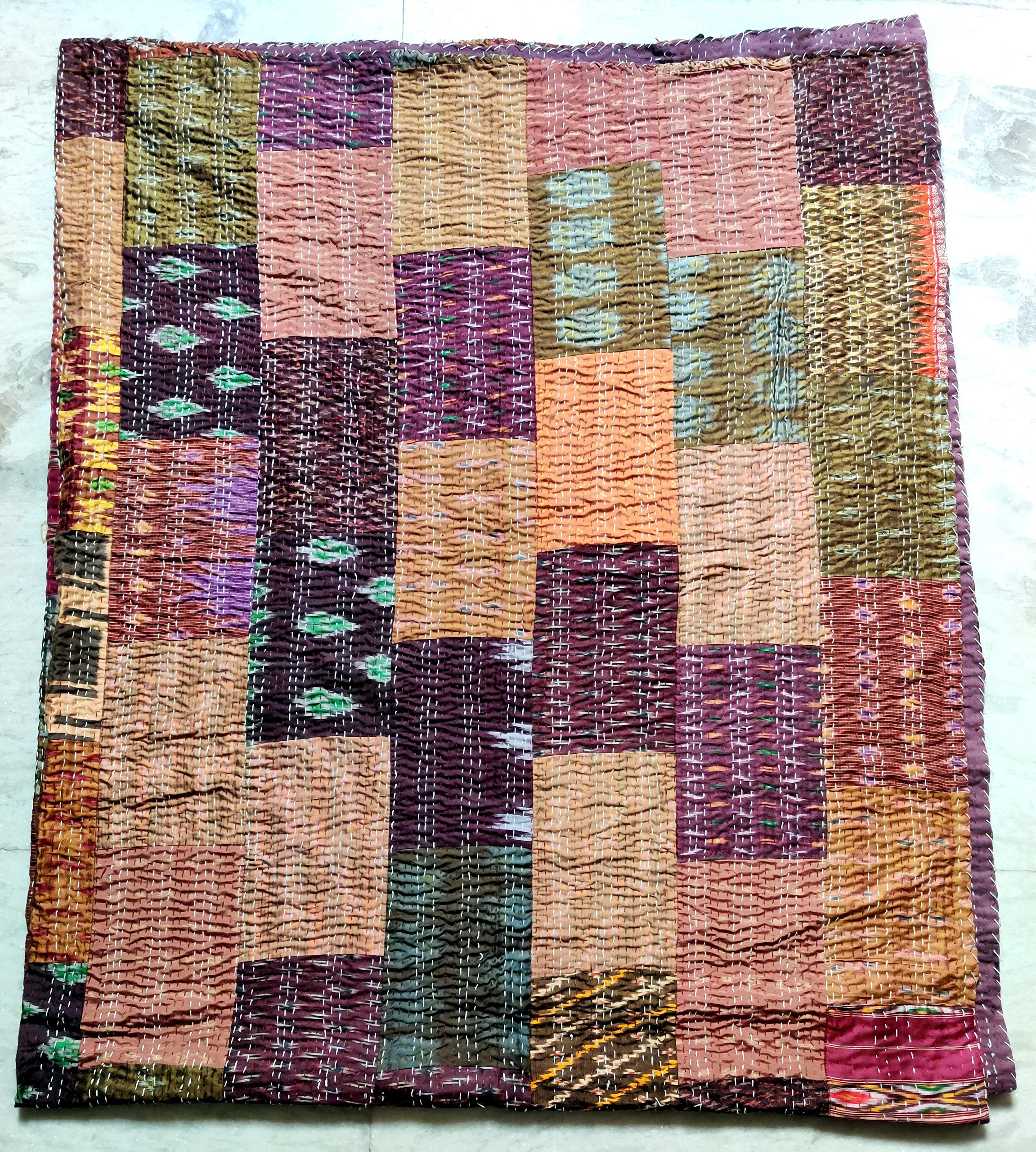 Sophia-Art Twin/King Indian Silk Sari Kantha Bedspread Bed Cover Ethnic Throws Quilted Patchwork Indian Quilt Cover Old Bohemian Vintage Patola Quilt (Brown, King 90" x 108")