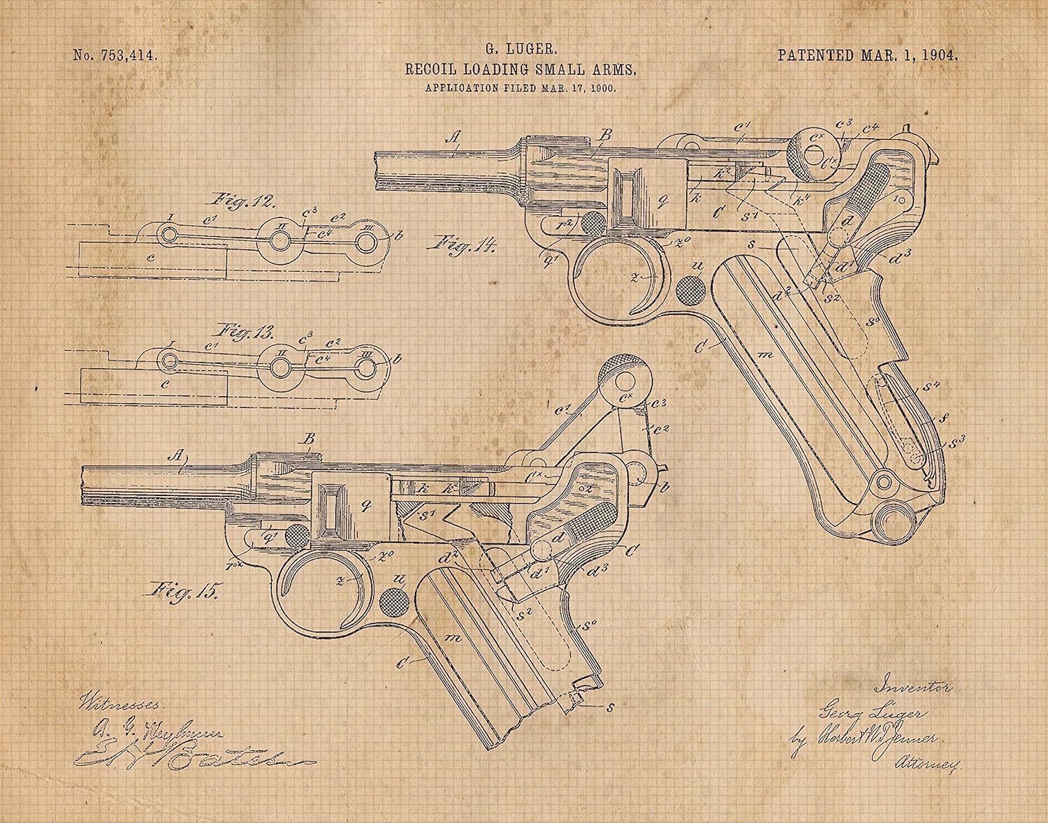 Amazon Com Original Luger Recoil Pistol Handgun Patent Art