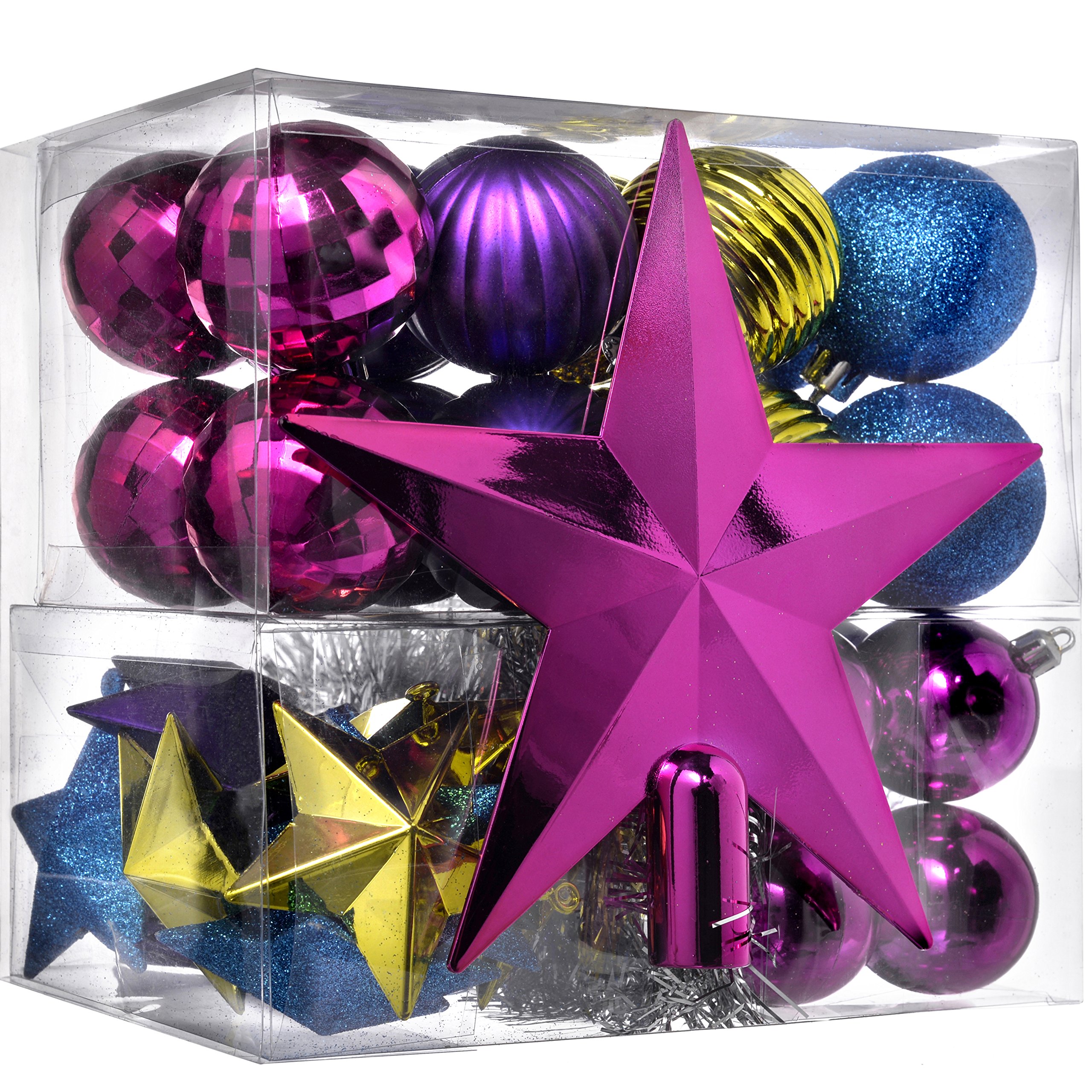 WeRChristmas Shatterproof Baubles with Tree Topper and Garland, 42-Piece - Pink/Purple/Green/Blue
