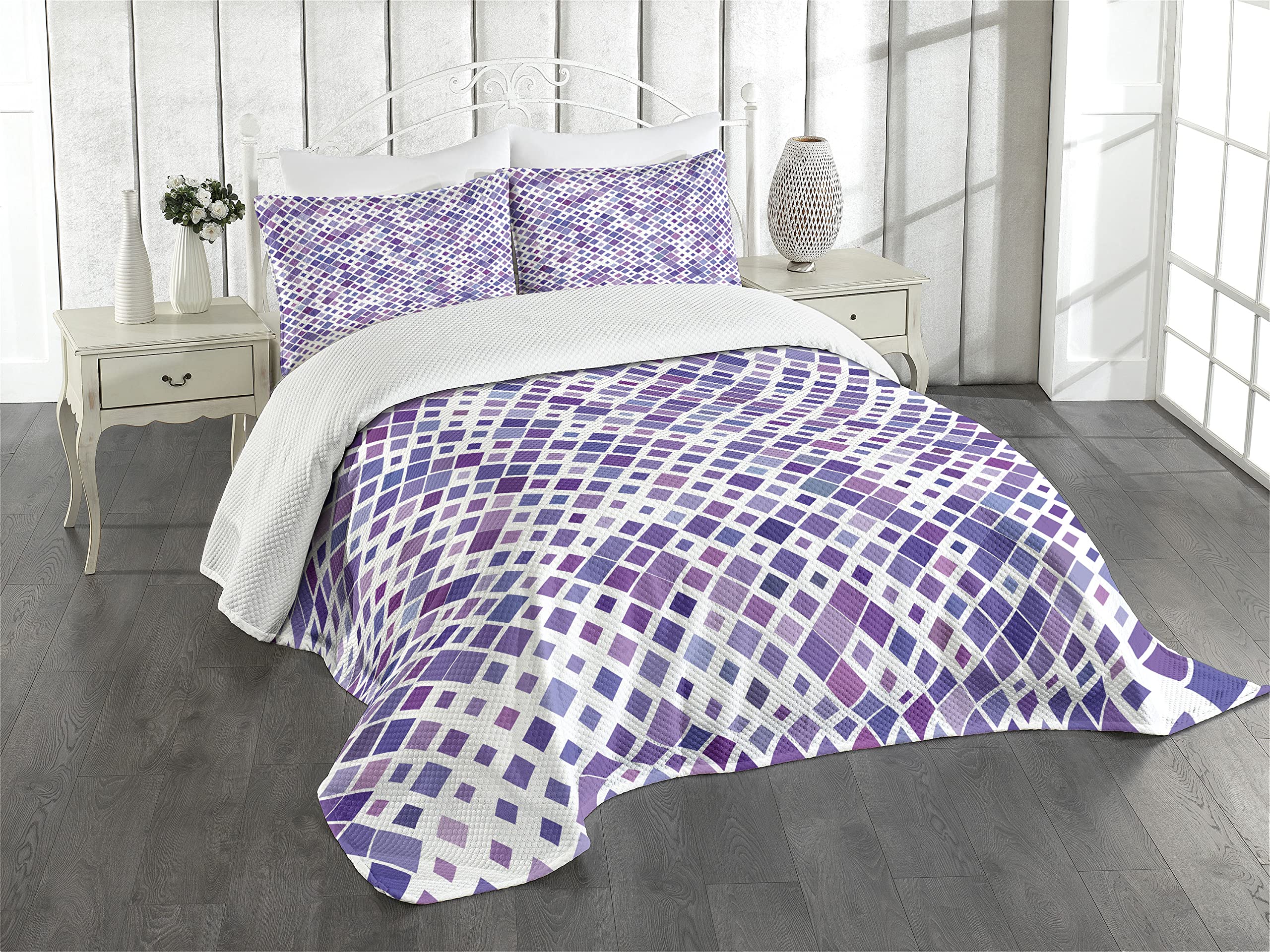 ABAKUHAUS Lavender Bedspread Set, Purple Retro, Decorative Quilted 2 Piece Coverlet Set with Pillow Sham, Violet Purple